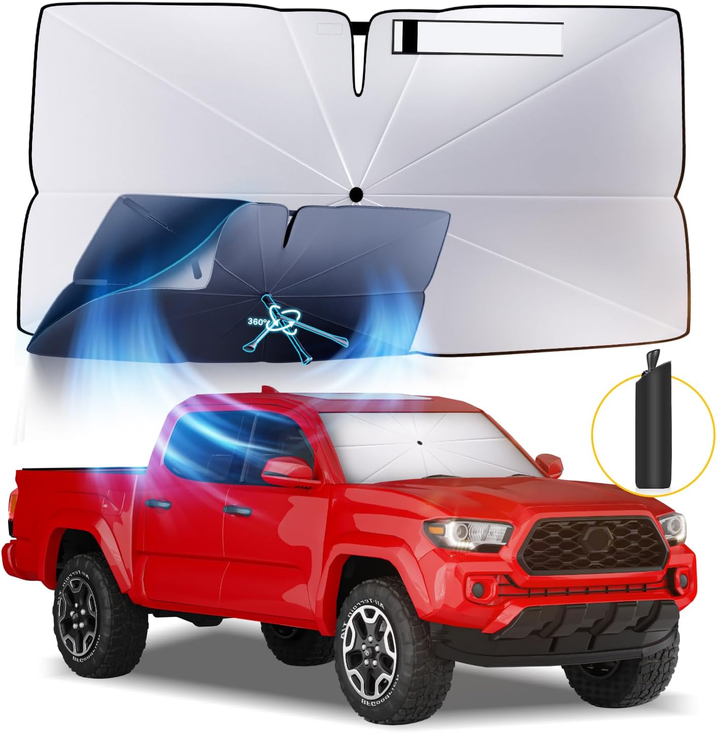 Windshield Sun Shade Umbrella: for Toyota Tacoma 2016 2017 2018 2019 2020 2021 2022 2023 2024 2025 - Front Car Window Shades - Double Toyota-Tacoma Thickened Foldable Sunshades Block UV Keep Cool