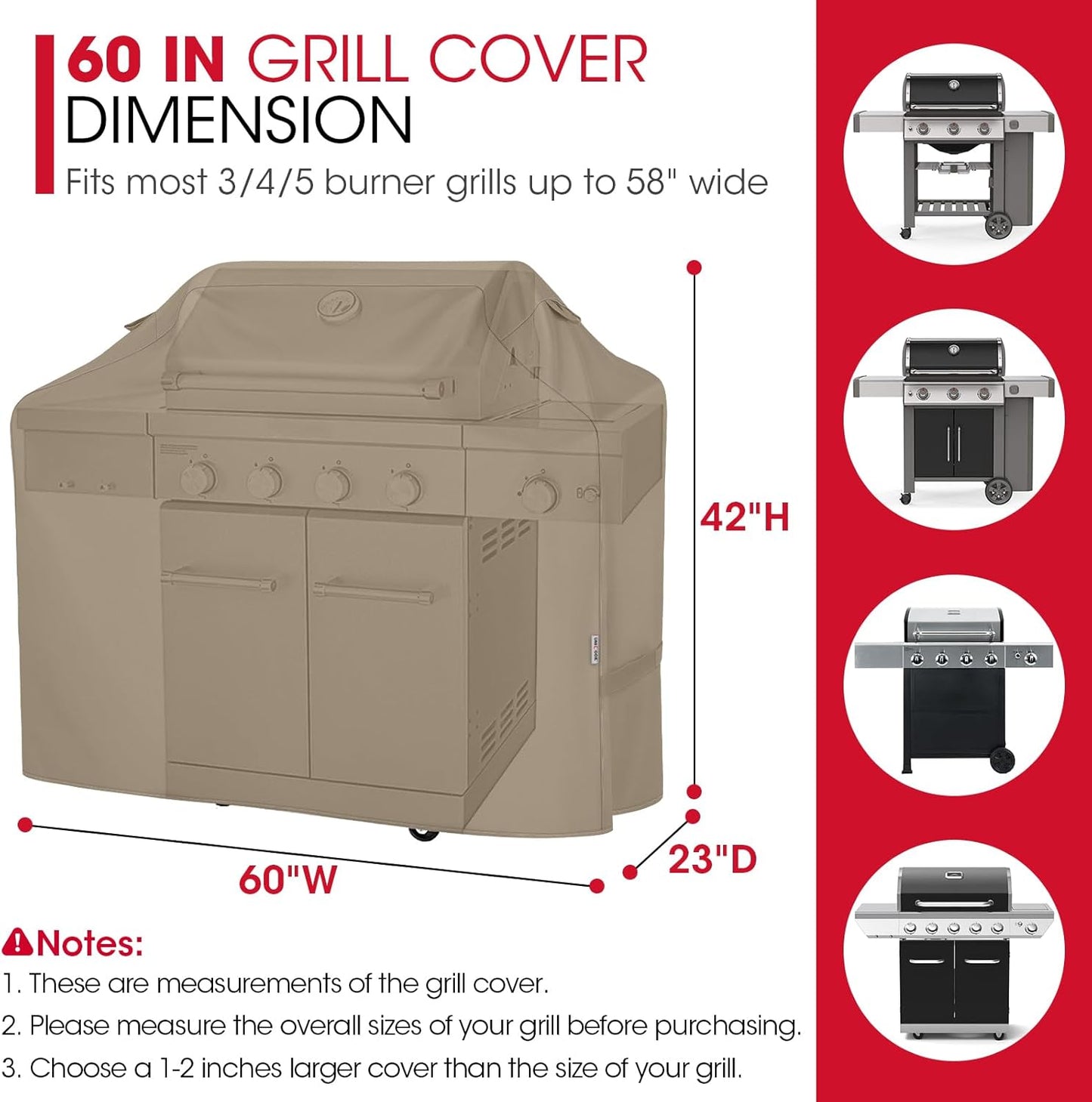 Unicook Grill Cover 60 Inch, Heavy Duty Waterproof Gas Grill Cover for Outside, Fade Resistant Barbecue Protector with Sealed Seam, Fits Weber Char-Broil Nexgrill BBQs up to 58" Wide，Neutral Taupe