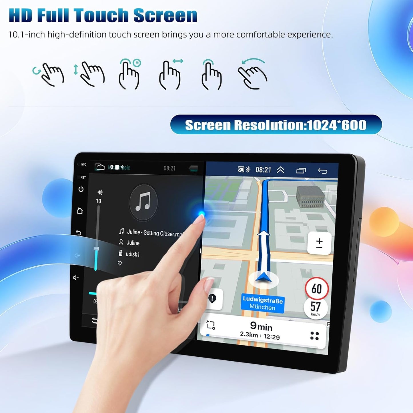 10.1Inch 2.5D HD Double Din Car Stereo Radio Receiver, Android Touch Screen MP5 Multimedia, Support GPS Navigation Bluetooth FM Radio+4 Led Lights Rear View Camera&Dual Mirror Link