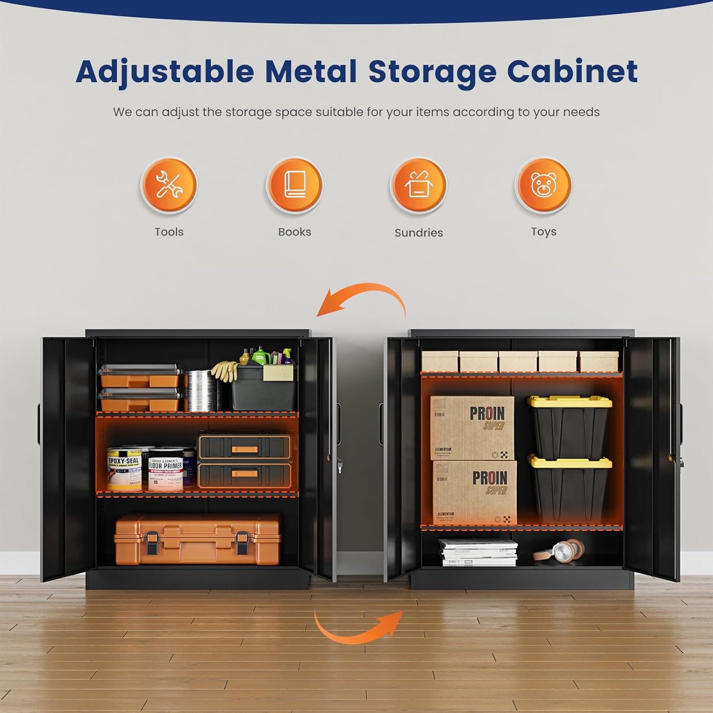 Yizosh Metal Garage Storage Cabinet with 2 Doors and 2 Adjustable Shelves - 35.5" Steel Lockable File Counter Cabinet for Home Office,Garage,Gym,School（Black）