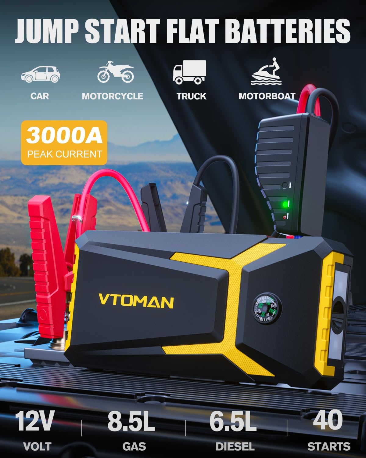 VTOMAN V8 Pro 3000A Jump Starter, Car Battery Charger Jump Starters for Up 8.5L Gas and 6.5L Diesel Engines, 12V Auto Lithium Battery Booster Pack, Portable Jump Box with Jumper Cable LCD Display