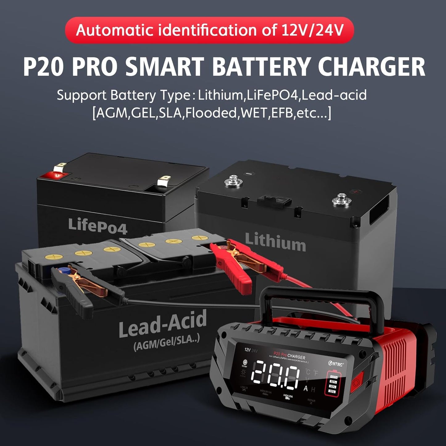 Battery Charger 0-20Amp,12V/24V Lithium,LiFePO4,Lead Acid,Fully-Automatic Smart Car Battery Charger,Trickle Charger, Maintainer/Pulse Repair for Boat, Motorcycle,Suv,Truck,Golf Cart, Lawn Mower