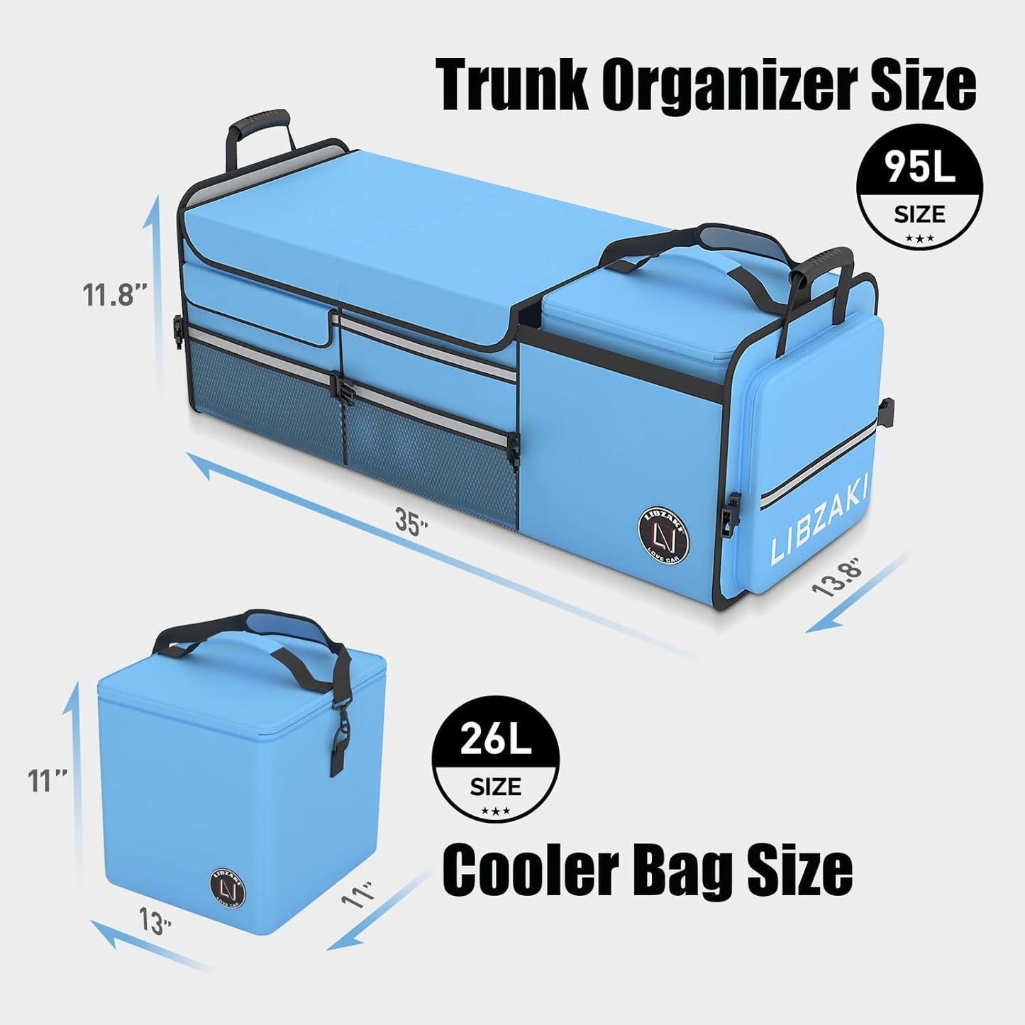 LIBZAKI Oversize 4 in 1 Car Trunk Storage Organizer, Multi Compartment Collapsible Trunk Storage Box with Cooler Bag for Car Truck SUV-Light Blue