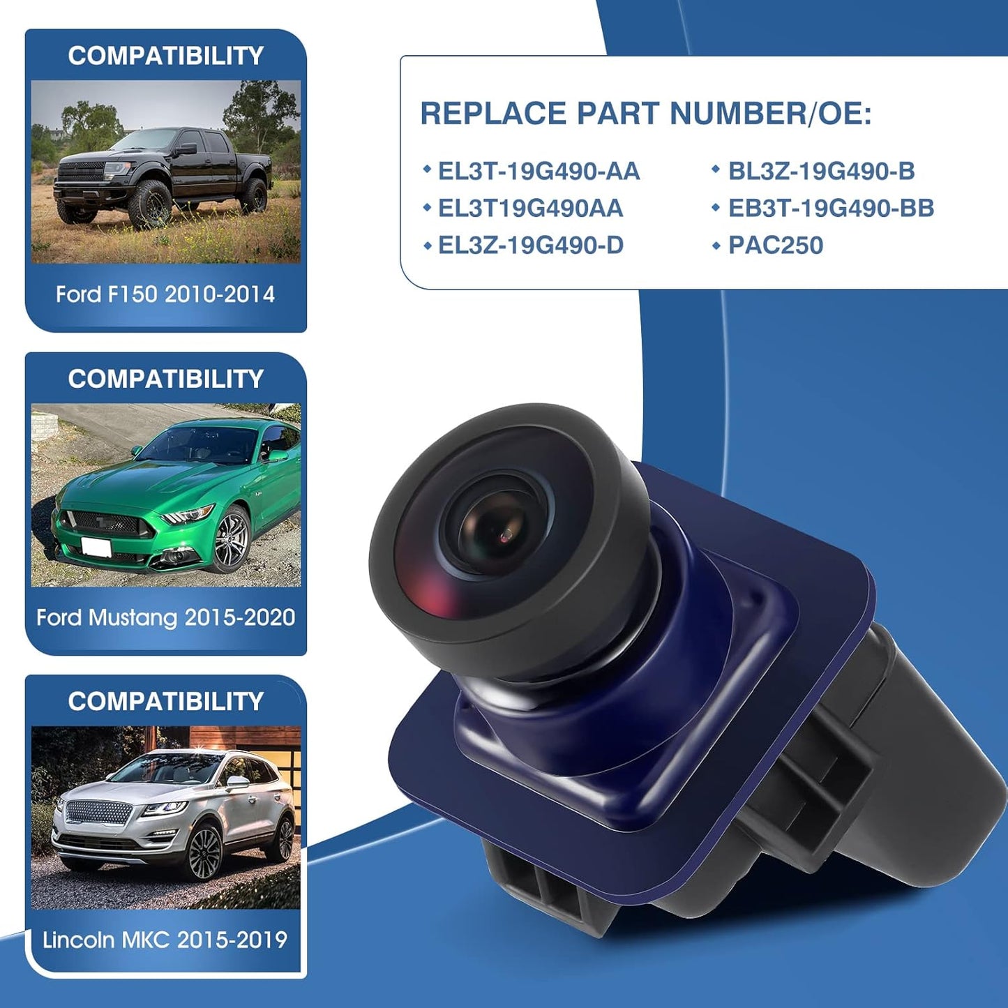 Rear View Backup Reverse Camera Compatible with Ford F150 2010-2014, Ford Mustang 2015-2020 & Lincoln MKC 2015-2019, Park Assist Backup Camera EL3T-19G490-AA, EL3Z-19G490-D, BL3Z-19G490-B