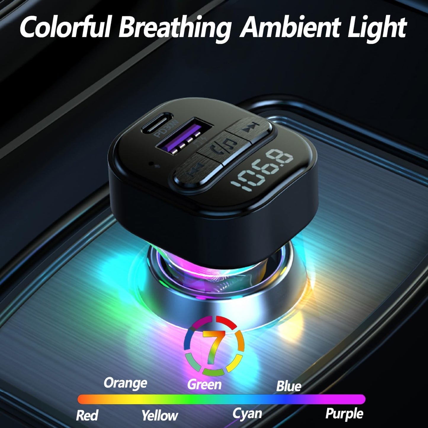 Bluetooth 5.3 FM Transmitter for Car, Bluetooth Car Adapter with Type-C PD(30W) Charger and QC3.0 USB Port, Wireless FM Radio Transmitter, Support MP3 Player, Handsfree Calling, LED Backlit,U Disk