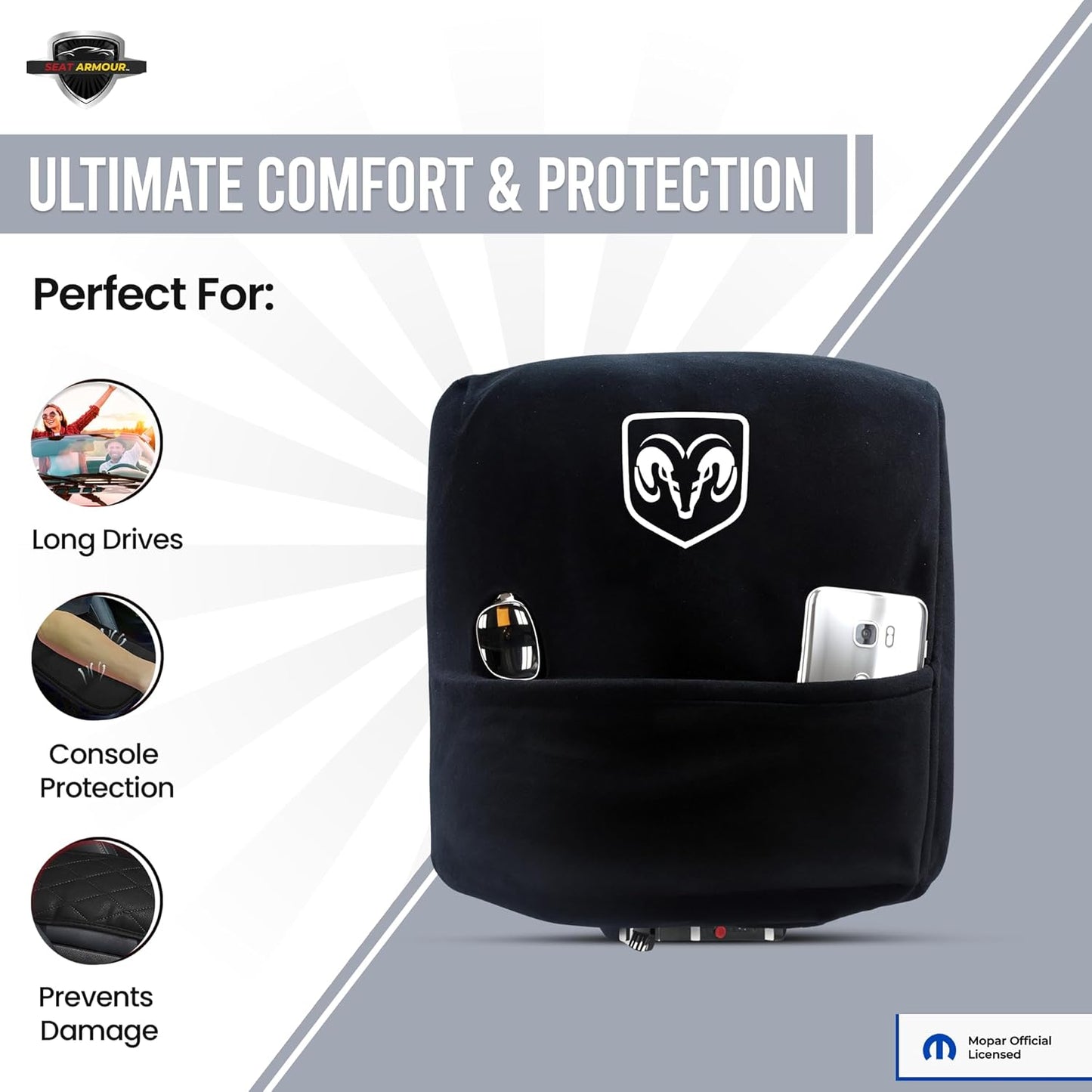 Premium Console Armrest Cover for Ram (2014-2021) – Soft, Machine Washable Console Lid Protector – Easy to Install, Plush & Durable – Black