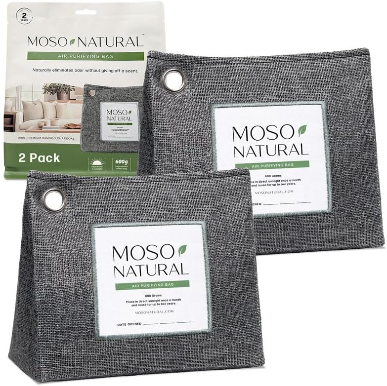 Moso Natural Air Purifying Bag 600g, Premium Bamboo Charcoal Odor Absorber, Room Deodorizer for Large Spaces, Bedroom, Kitchen, Basement, Pet Odor Eliminator for Home, 21oz Charcoal Bags (2 Pack)