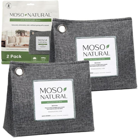 Moso Natural Air Purifying Bag 600g, Premium Bamboo Charcoal Odor Absorber, Room Deodorizer for Large Spaces, Bedroom, Kitchen, Basement, Pet Odor Eliminator for Home, 21oz Charcoal Bags (2 Pack)