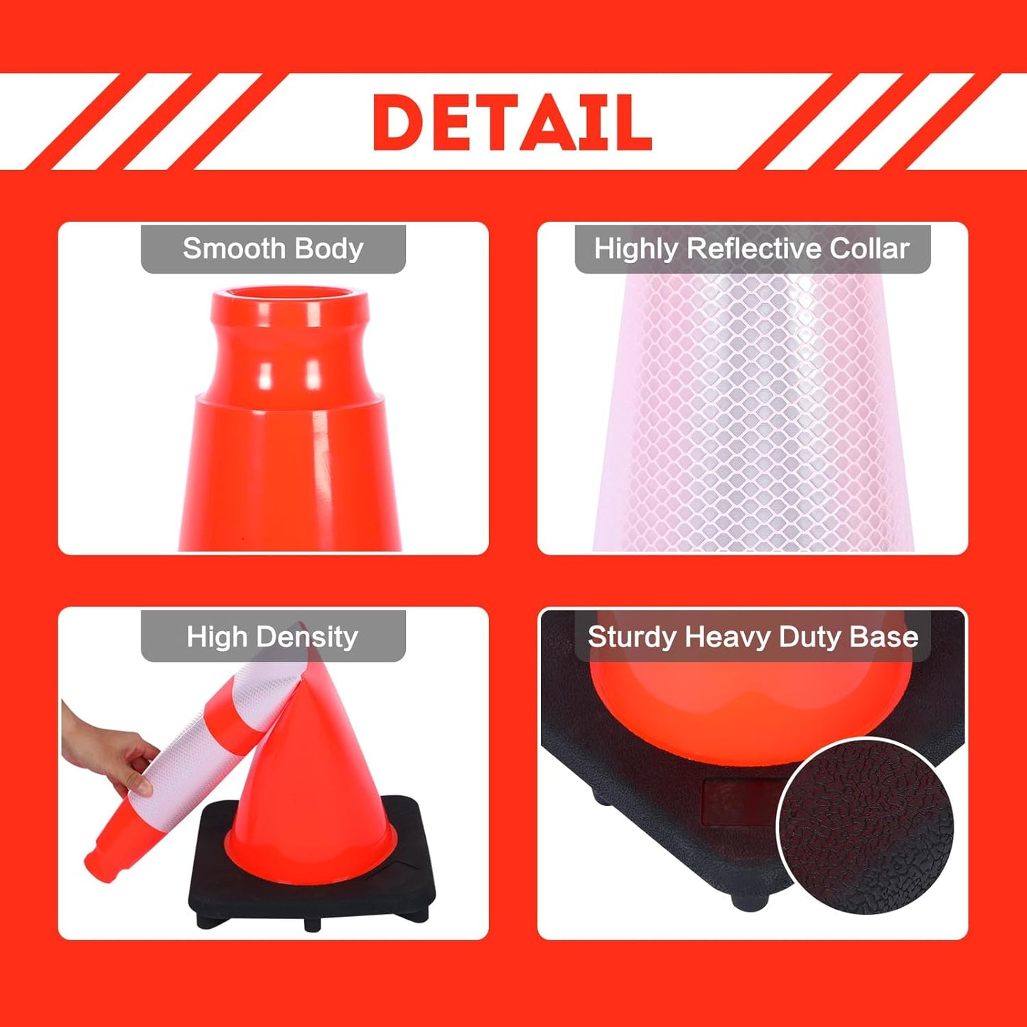 Traffic Cones 28 inch 6 Pack Heavy Duty Safety Cones Orange with Reflective Collars Fit Parking Lot,Driveway Road Traffic Control Construction Cones
