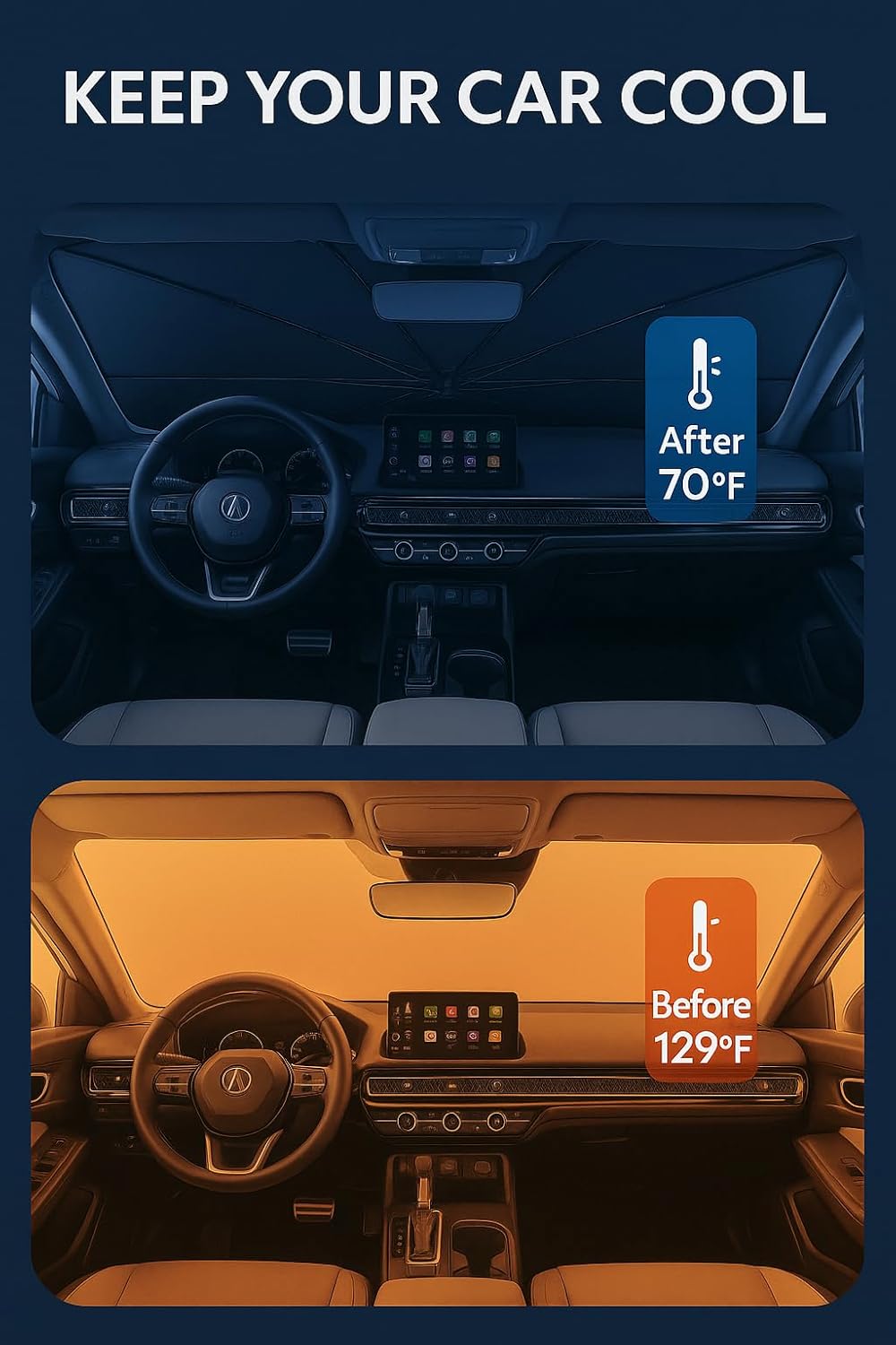 Proadsy Windshield Sun Shade Umbrella for Acura Integra 2023-2025 Foldable Car Umbrella Sunshade with Soft TPU Handle Spring Structure Crystal Cooling Material Protect Car from Rays & Heat