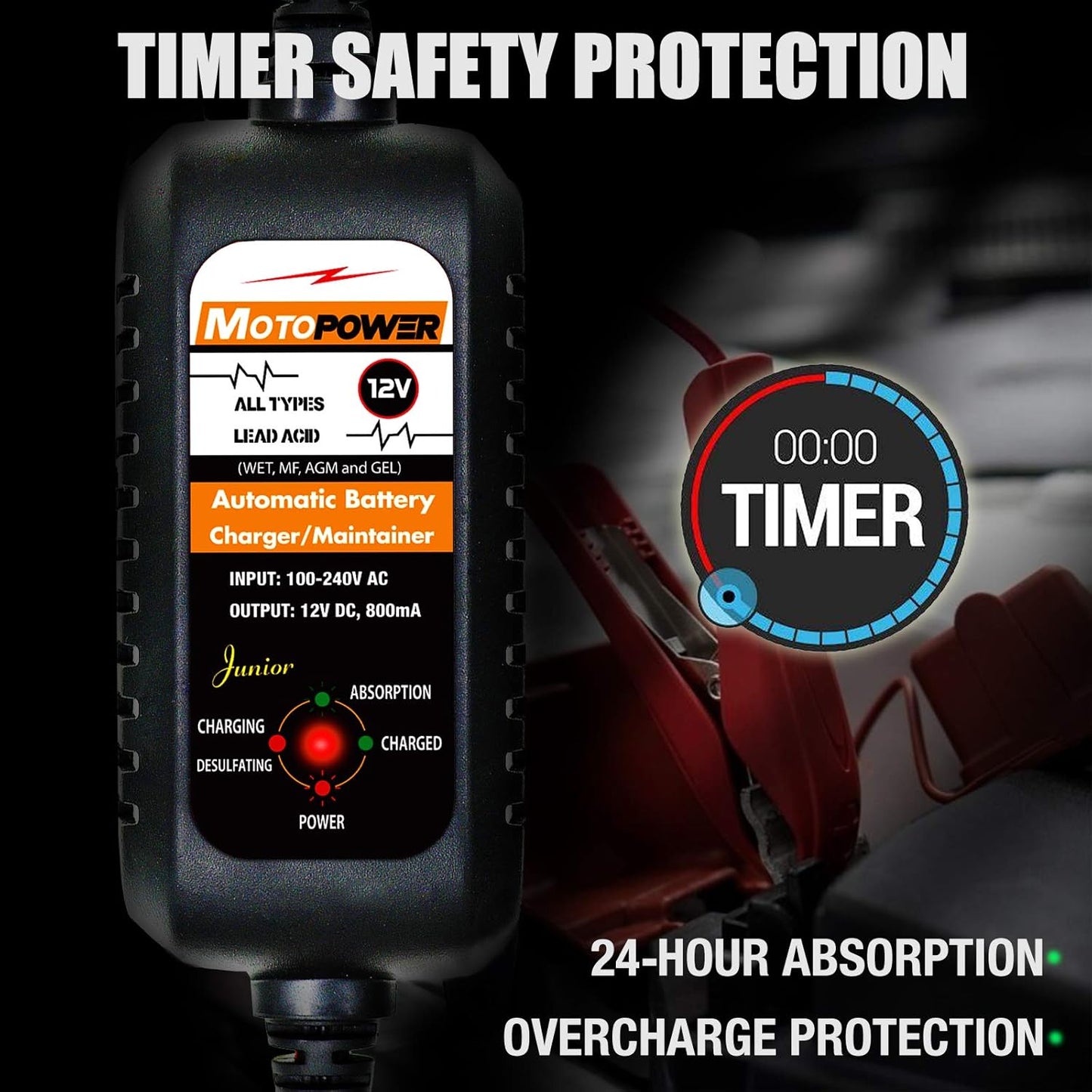 MOTOPOWER MP00205A 12V 800mA Automatic Battery Charger, Battery Maintainer, Trickle Charger, and Battery Desulfator, 2 Pack