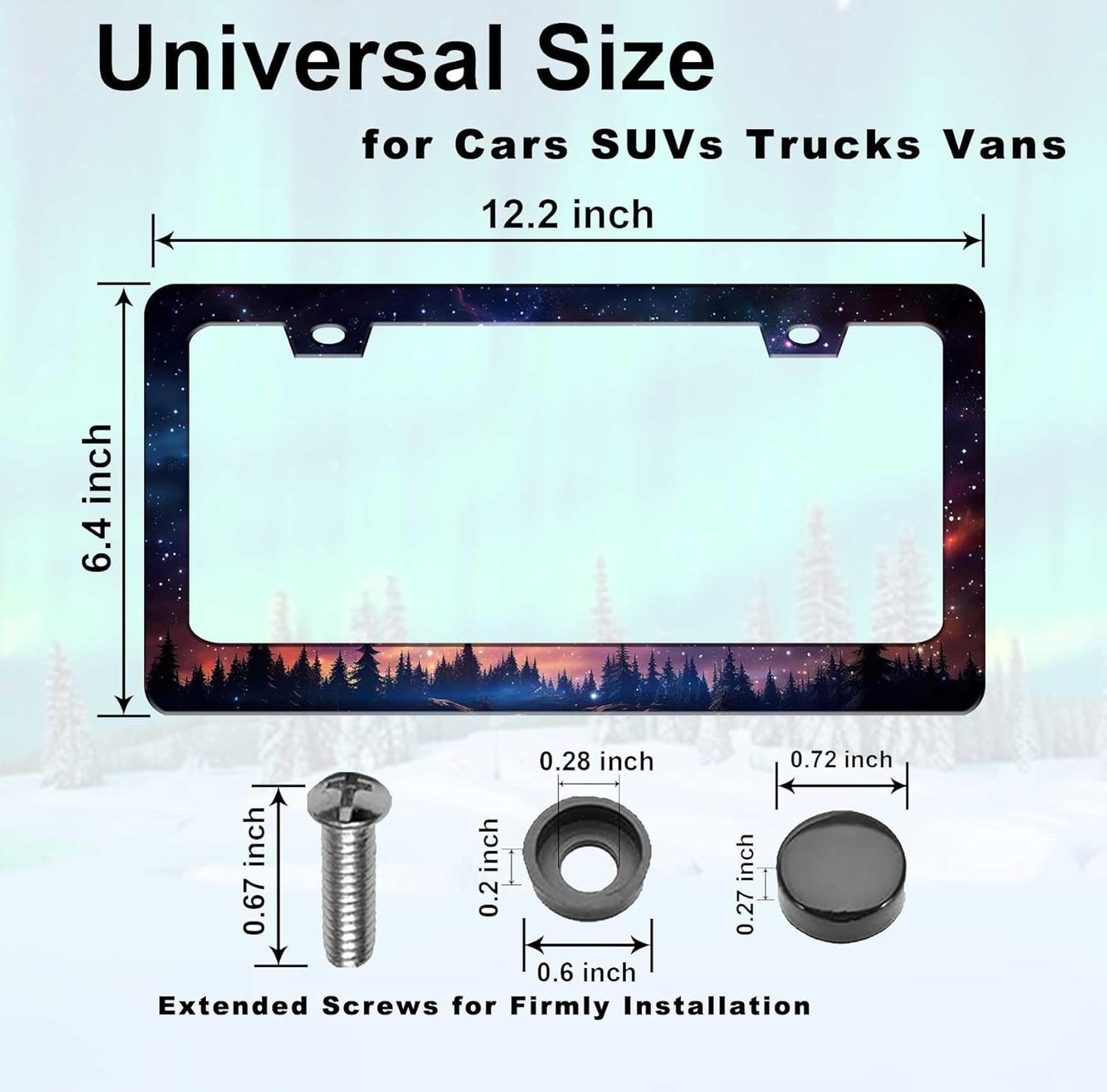 Universal License Plate Frame - Heavy Duty Rustproof Aluminum Matte Black Car Tag Holder Bracket Fits All US States, Easy Install with Screws Included (Starry SkStarry Sky Galaxy-2pcy Galaxy-2pc)
