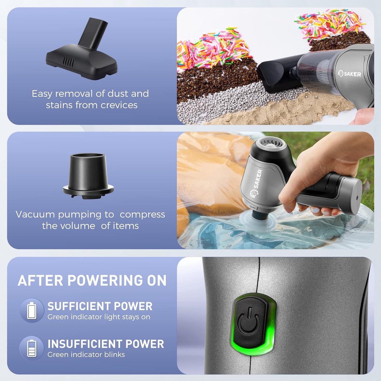 Saker Handheld Vacuum Cleaner Car - Wireless Mini Vacuum Cleaner 3 in 1 Multifunctional Brushless Motor 12000PA with USB-C,Portable Handheld Car Vacuum Cleaner for Keyboard Cleaning, Outdoor and Home