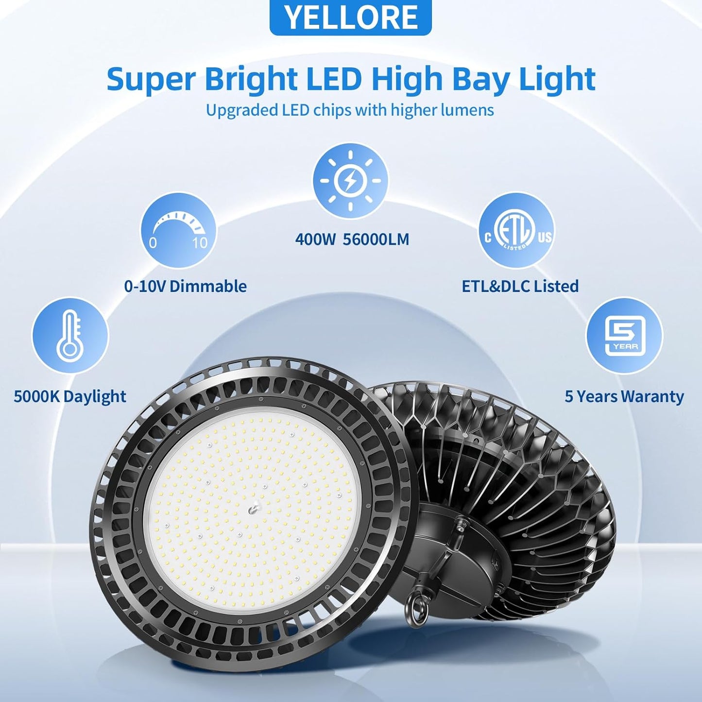 9 Pack 400W LED High Bay Light 56000LM 5000K 120VAC UFO Light IP65 Waterproof Dimmable Commercial Bay Lighting for Workshop|Garage|Factory -ETL&DLC Listed