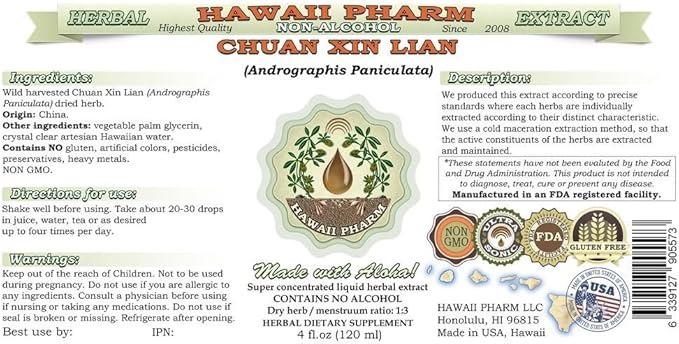 Chuan Xin Lian Alcohol-Free Liquid Extract, Chuan Xin Lian, Andrographis (Andrographis Paniculata) Herb Glycerite Hawaii Pharm Natural Herbal Supplement 2 oz
