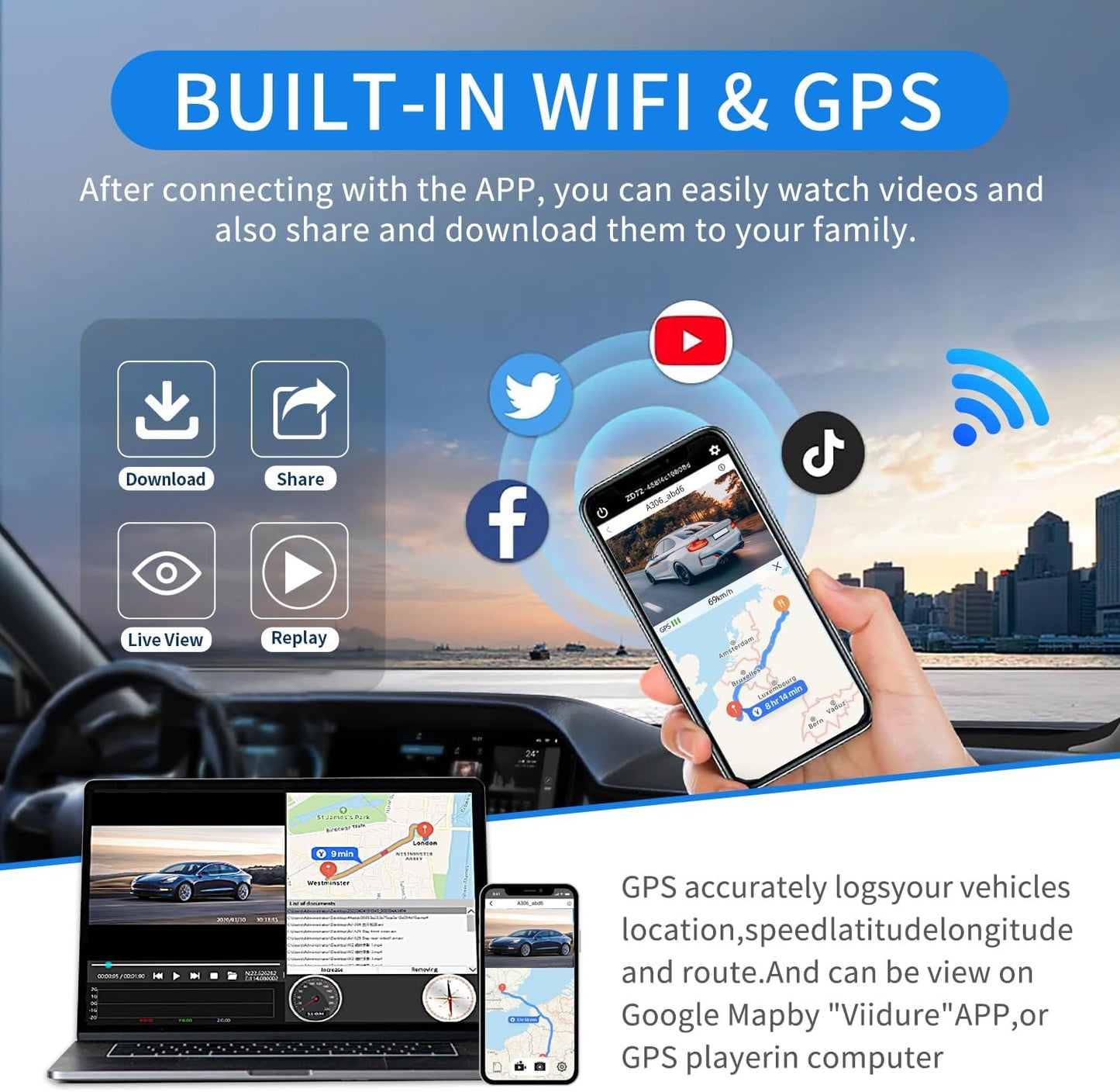 4 Channel Dash Cam Front and Rear, 360°Dash Camera for Car FHD 2K+3x1080P Touch Screen, 8 IR Night Vision, 5G WiFi, APP Control, G-Sensor, Loop Recording, Built-in GPS with 64GB Car, 24H Parking Mode