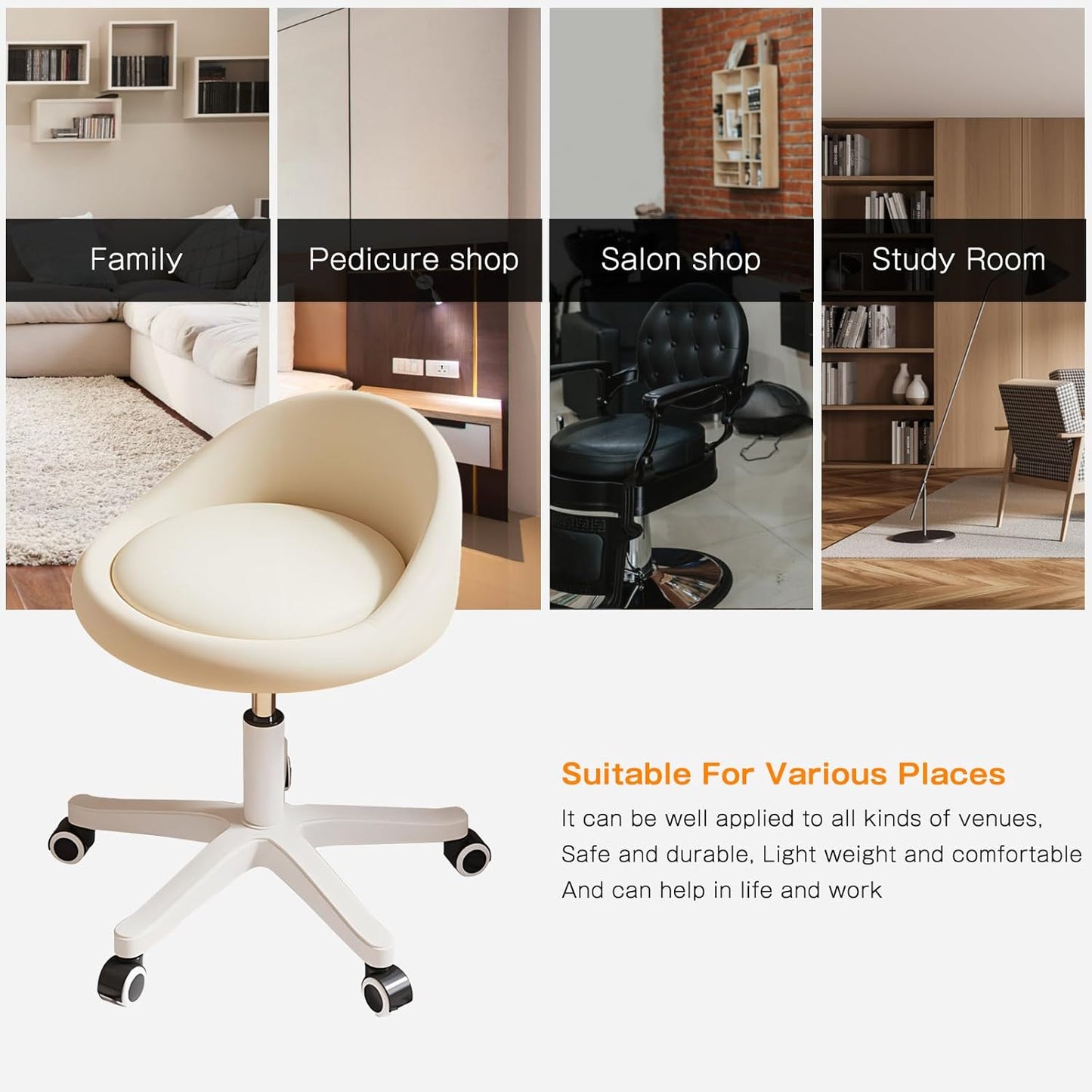 Rolling Stool Set of 3 Rolling Hydraulic Salon Stool with Low Backrest - Adjustable Swivel Chair for SPA, Shop, Salon, Massage, or Medical Office Beige