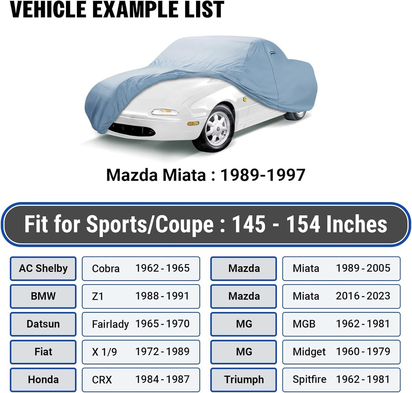 iCarCover 18-Layer Car Cover Waterproof All Weather, Premium Quality Car Covers for Automobiles, UV Protection, Miata MX-5, MGB Roadster, Midget, Spitfire, Z1, CRX, Spark, Mirage, Fits 145-154 Inches