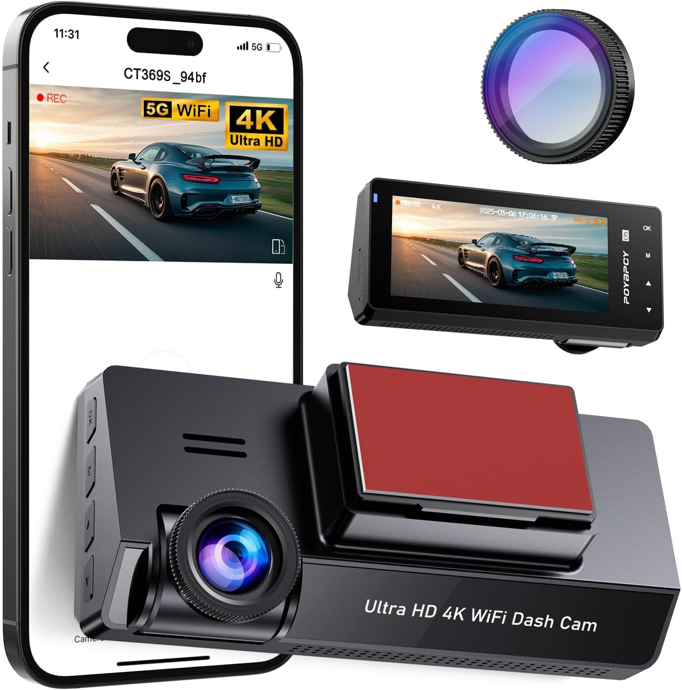 Dash Cam Front 4K Built-in 5GHz WiFi with CPL, Dash Camera for Cars with 64GB SD Card, App Control, 3.69" IPS Screen Dashcam with UHD 2160P, Night Vision, Loop Recording, Parking Mode, 170°Wide Angle