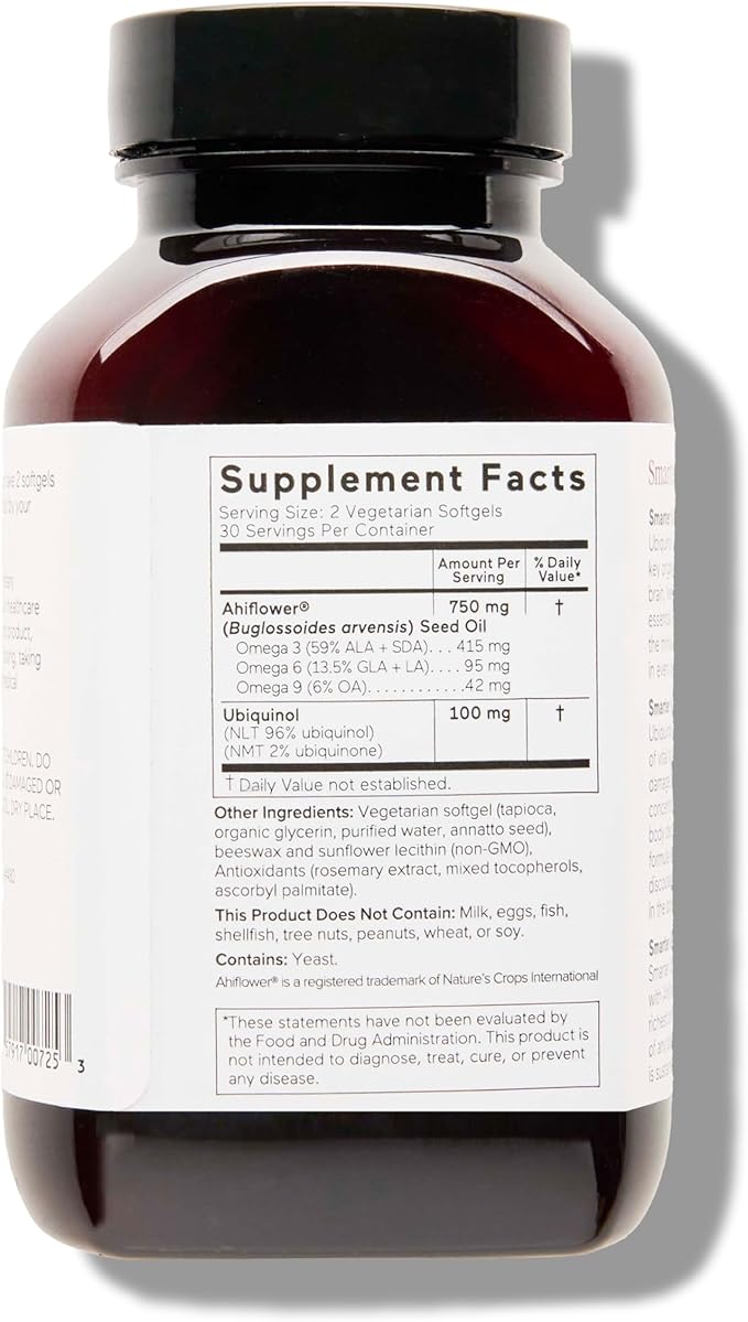 SMARTERNUTRITION Ubiquinol 100mg + Natural Plant-Based Complete Omega 3 6 9 - Clinically Studied Ahiflower® Oil - Ultra Absorption CoQ10 for Heart Support - Non-GMO - 60 Softgels[30-Day Supply]