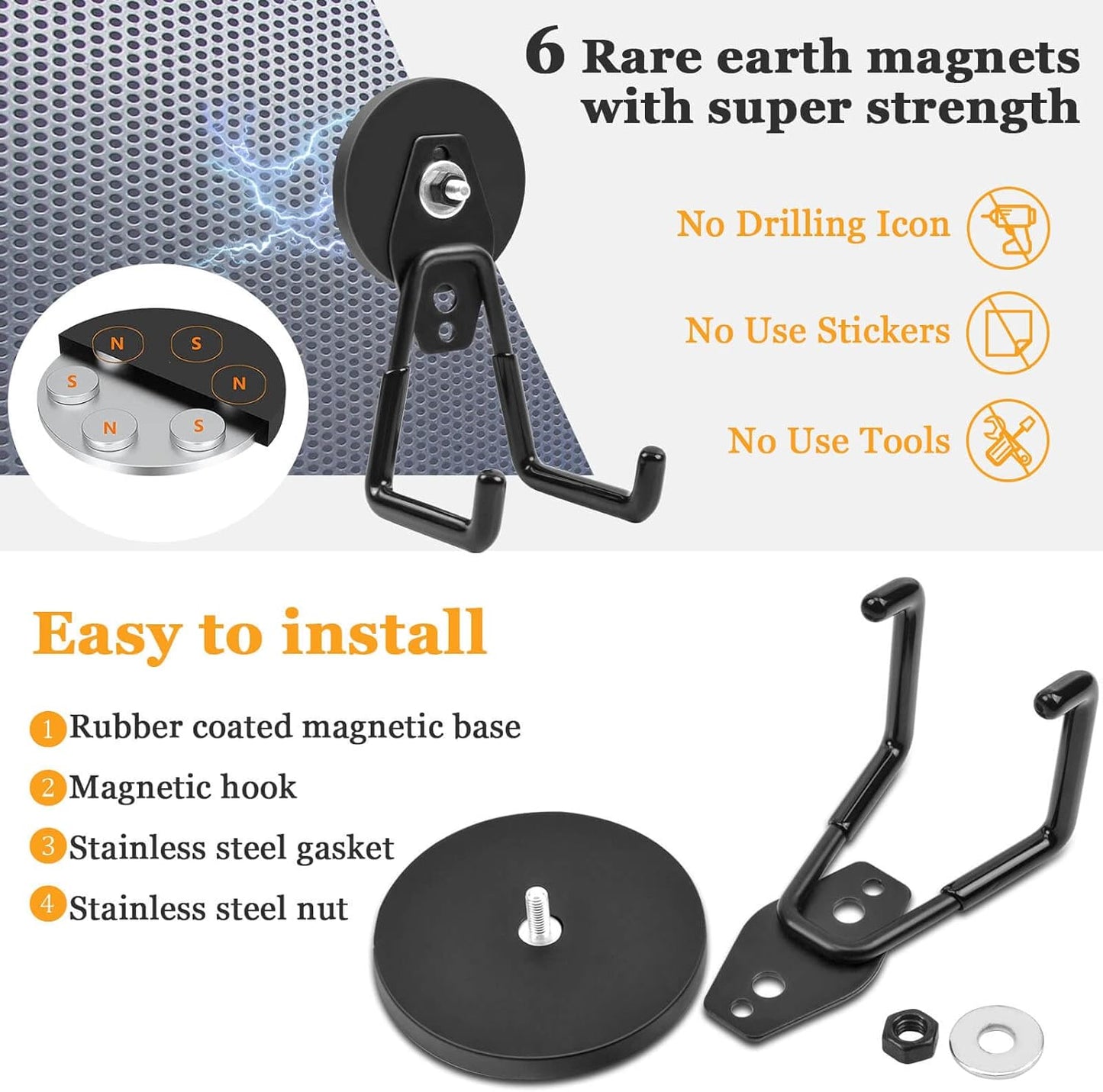 Strong Magnetic Hooks Heavy Duty, 2.59" (66 mm) Garage Magnet Hooks with Anti-Slip Coating, 2 Pcs Industrial Strength Utility Magnet Hooks, for Cordless Drills Hanging Metal Cabinets Tool Pegboard