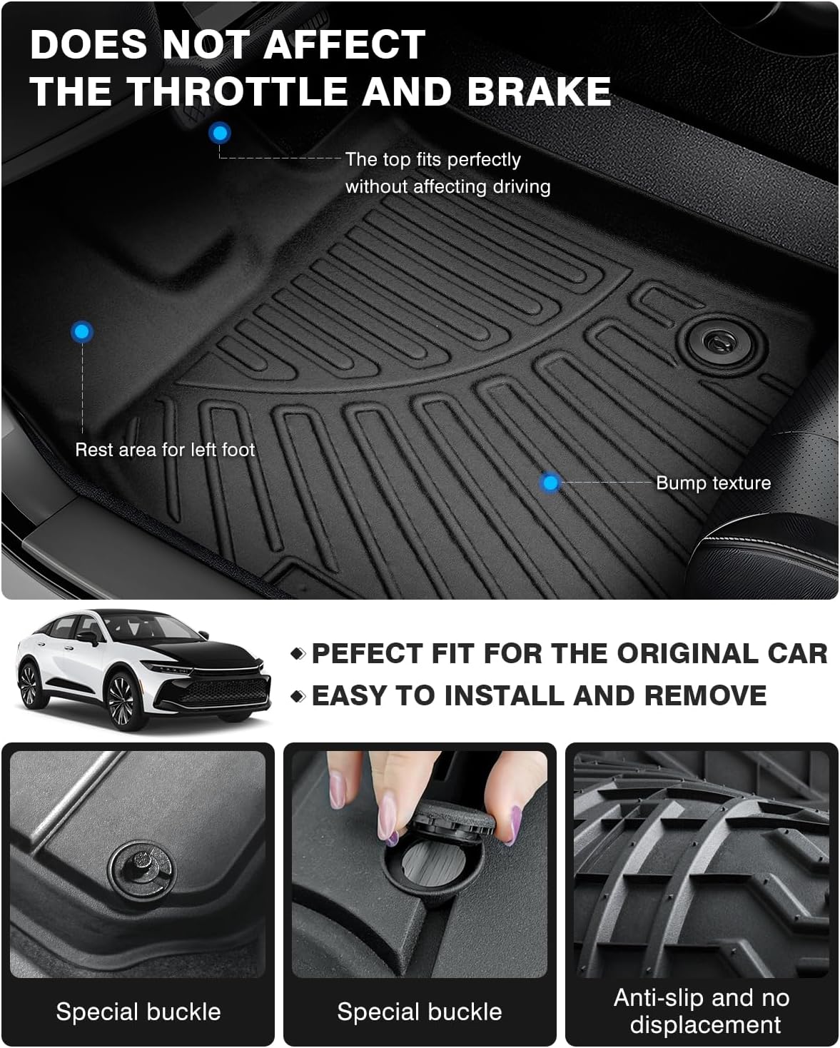 Powerty Floor Mats for 2023 2024 2025 Toyota Crown Accessories All Weather Floor Liner 3D TPE 1st & 2nd Row Floor Mat Heavy-Duty Floor Liners