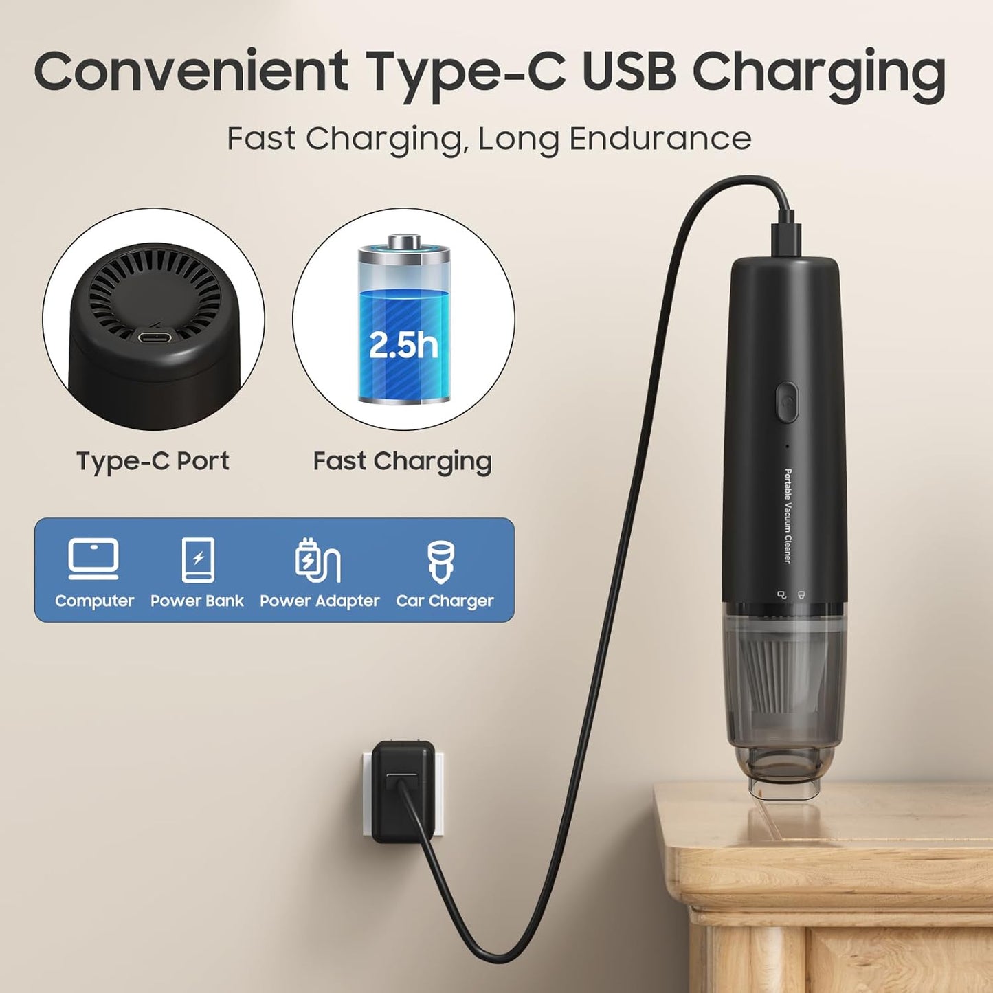 Handheld Vacuum Cordless, Car Vacuum Cleaner Portable with HEPA Filter, 2 Suction Modes, Mini Hand Held Vacuum Rechargeable for Car, Home, Pet Hair, Office, Desk, Keyboards (Black)