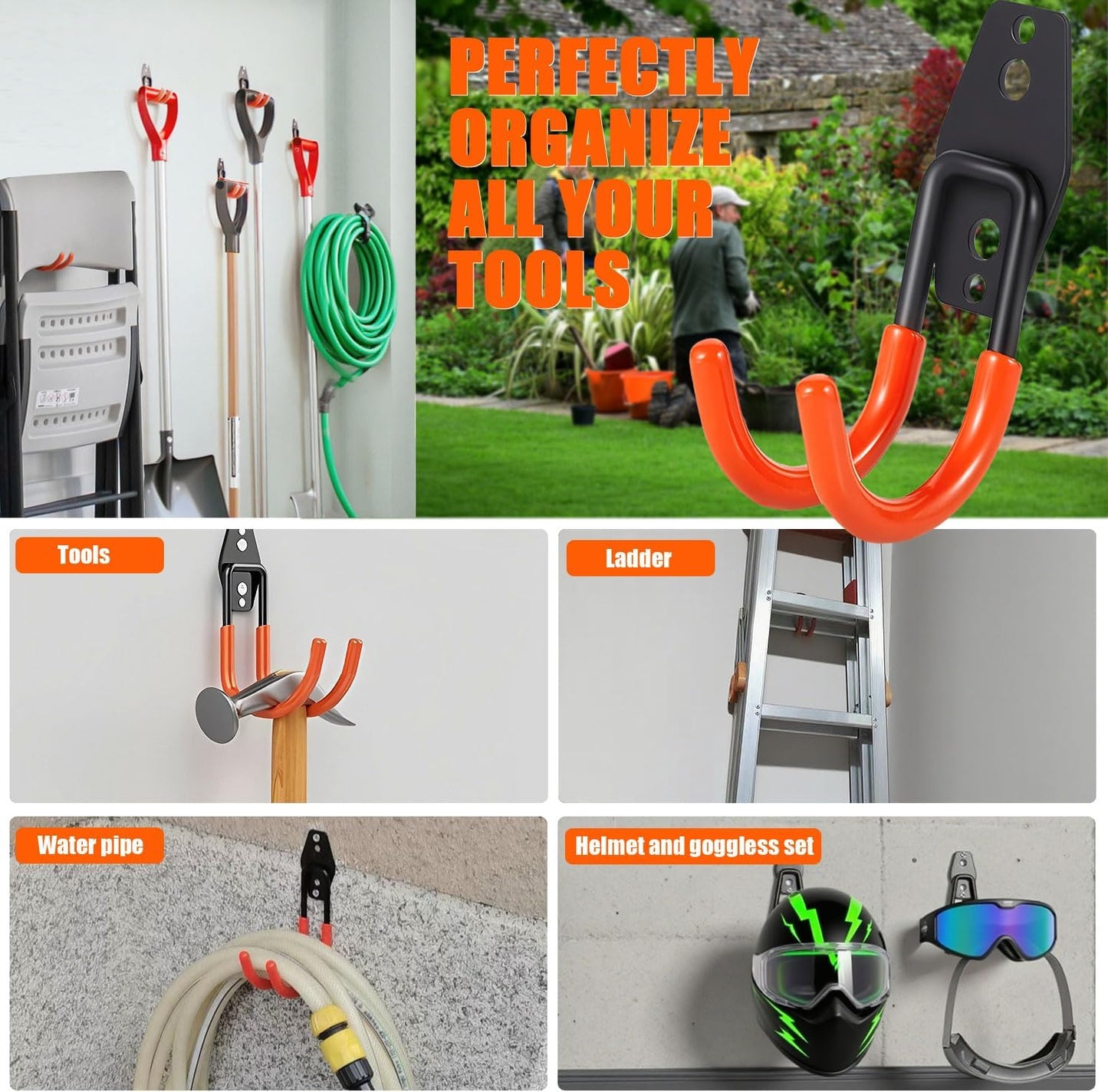 Heavy Duty Garage Storage Hooks，2 Pack Anti-Slip Coating,Wall Mount Storage Hooks for Hanging Bike, Ladder, Garden Tools,Small Utility Hook, Hose Holder for Outdoor and Indoors (4, Type u)