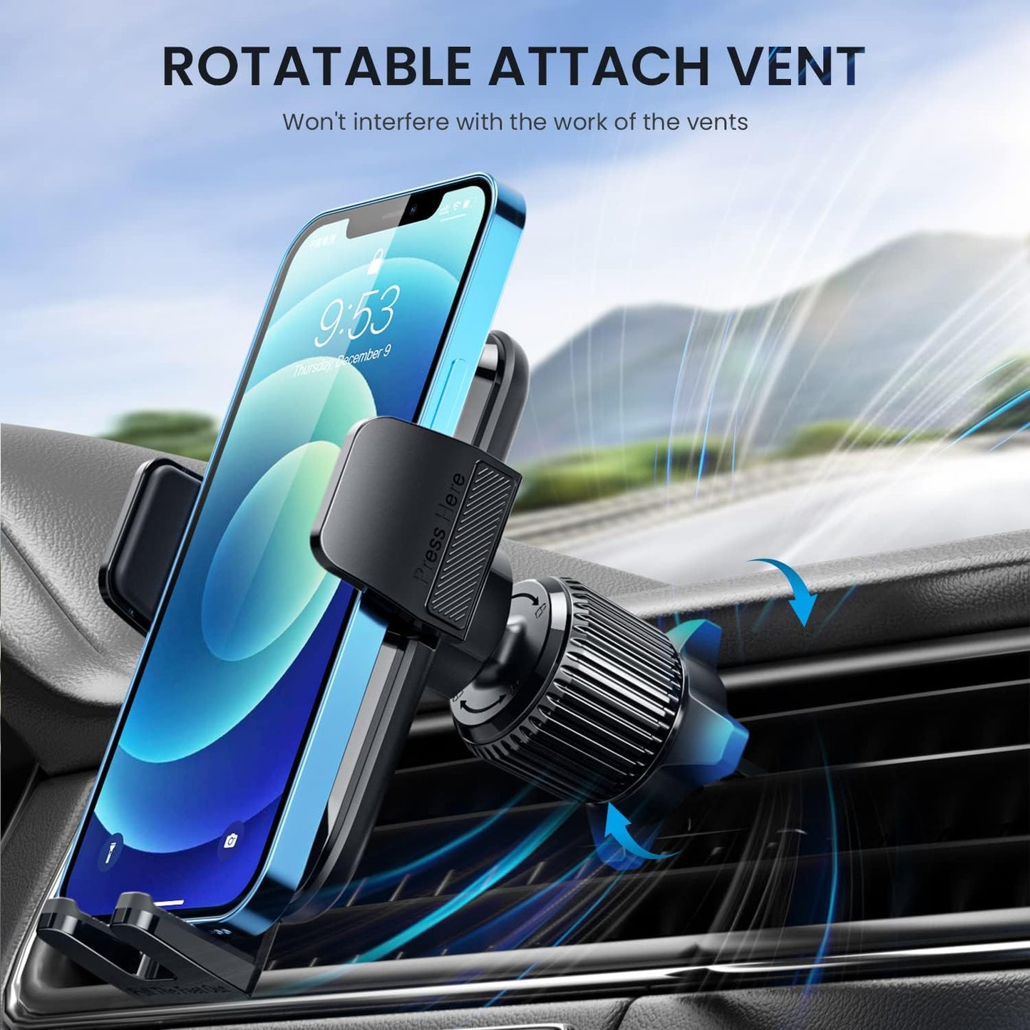 Qifutan Car Phone Holder with Anti-Slip Rubber, 360 Rotating Ball Joint, and Adjustable Support Ring for iPhone and Other Smartphones