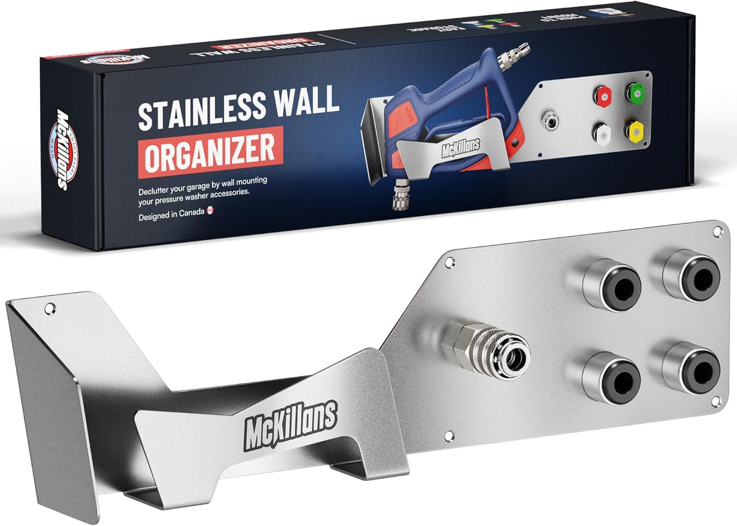 McKillans® Stainless Wall Organizer PRO - Pressure Washer Gun & Foam Cannon Holder - Foam Cannon Wall Mount Quick Connect - Tip & Nozzle Holder - Wall Mounted Garage Organizer