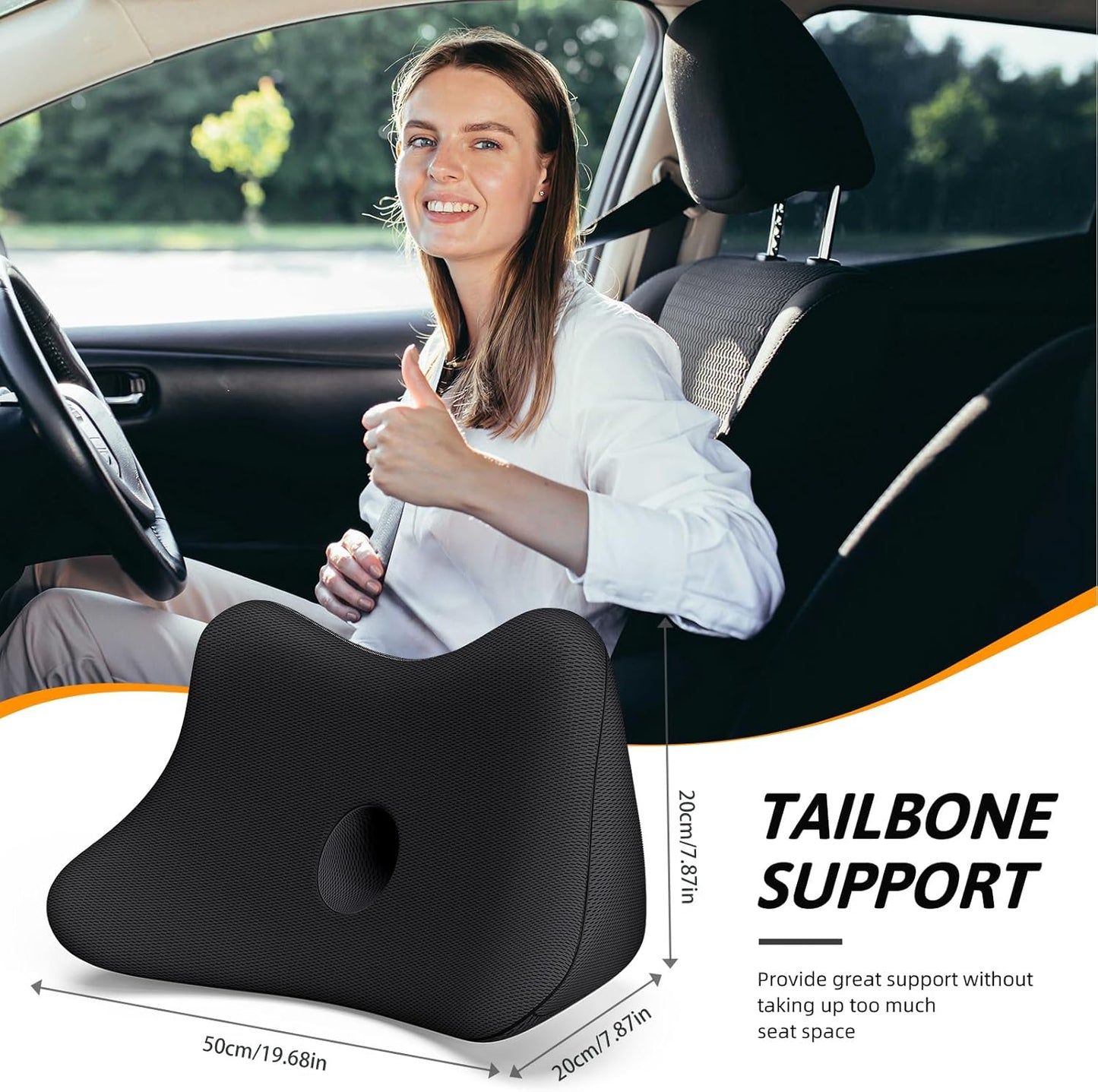 Benazcap Lumbar Support Pillow for Car, Lower Back Support Pillow for Sciatica & Back Pain Relief, 2 in 1 Memory Foam Seat Cushion for Office Chair, Car Seat - Black