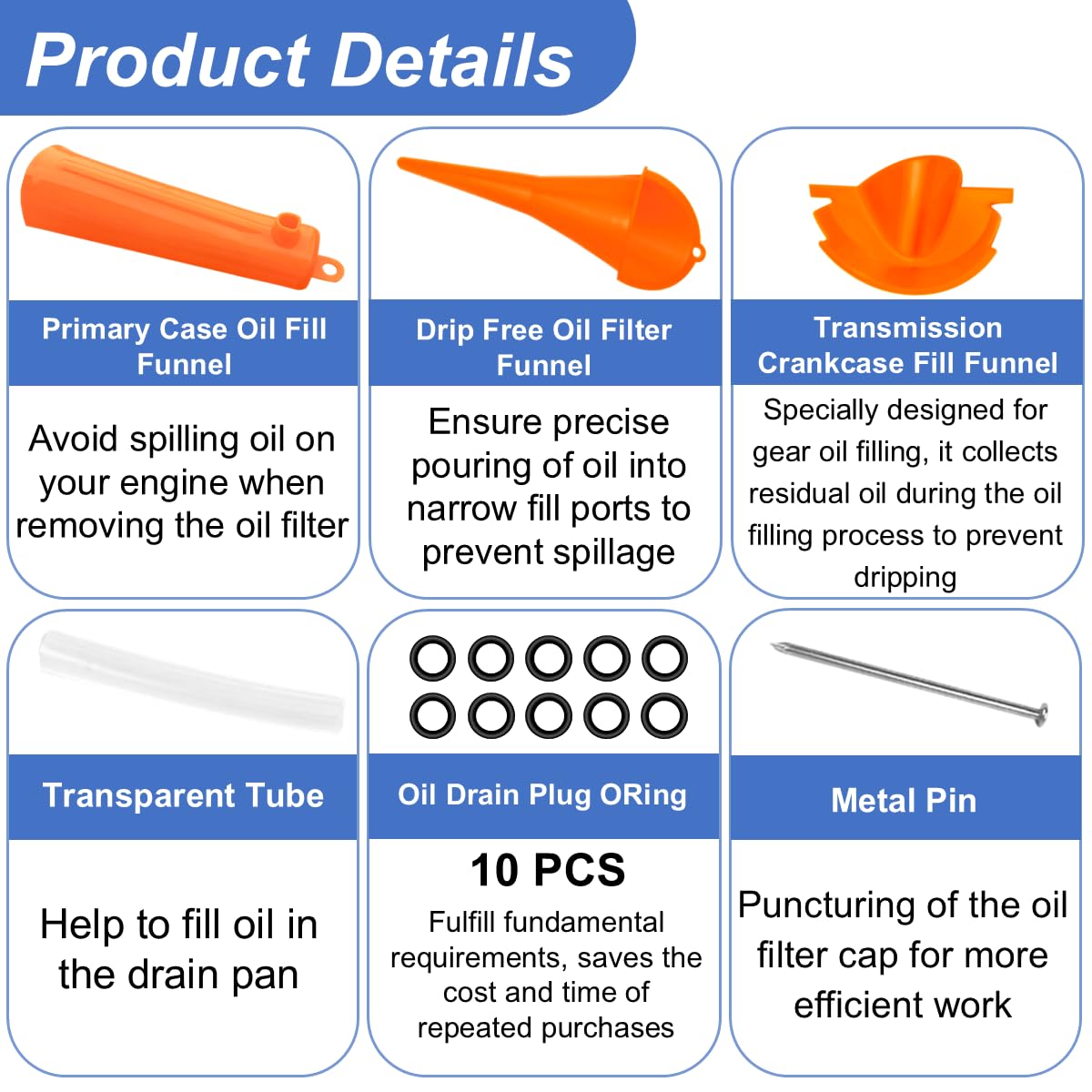 Oil Change Tool Kit for Harley Davidson Accessories,Oil Filter Wrench,Crankcase Fill Tool,Primary Case Funnel,Drip-Free Oil Filter Funnel,10PCS O-Rings