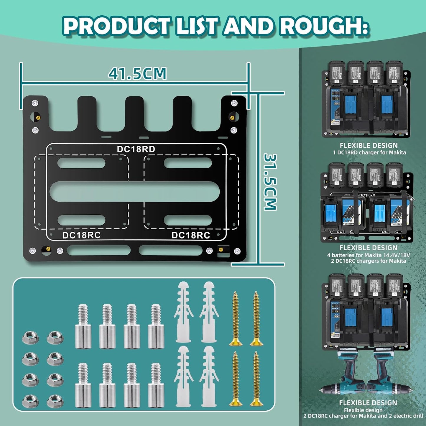 Battery Holder for Makita, Wall Mount for Makita DC18RC DC18RD Chargers, Suitable for Makita Battery Charger 14.4V/18V Batteries and 2 Drilling Screwdrivers, Storage in The Workshop and Garage