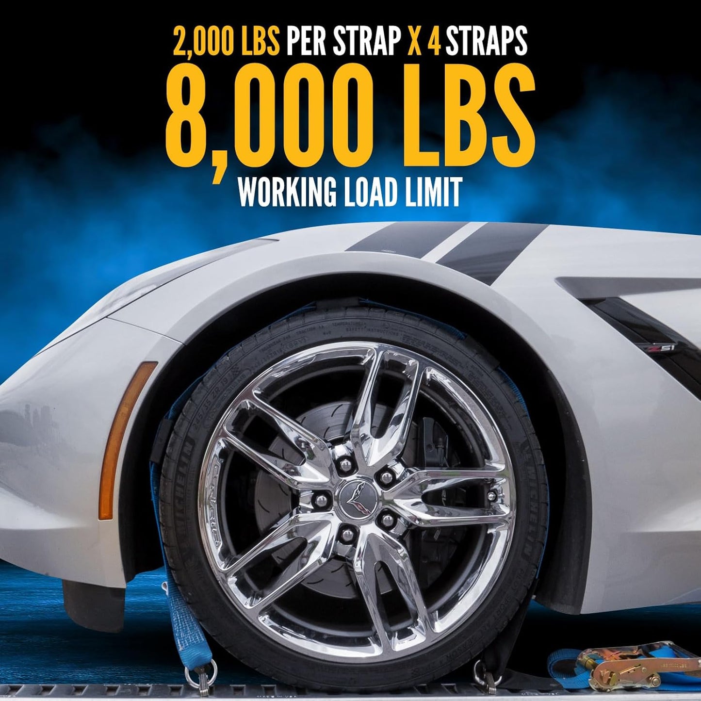 US Cargo Control E Track Wheel Straps with E-Track Fittings & Three Rubber Blocks (4-Pack), 2 Inch x 11 Foot Car Tie Down Straps for Trailers, Fits Tires 14-30 Inches, 12,000 LBS Break Strength