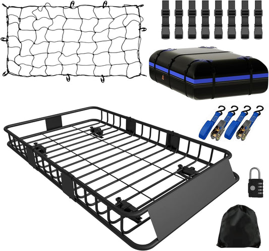 FORWODE Roof Rack Carrier Basket, 64" x 39" x 6" Rooftop Cargo Carrier with 250 lbs Capacity, Rust-Proof Steel Heavy Duty Car Top Luggage Basket with Waterproof Cargo Bag, Net and Straps