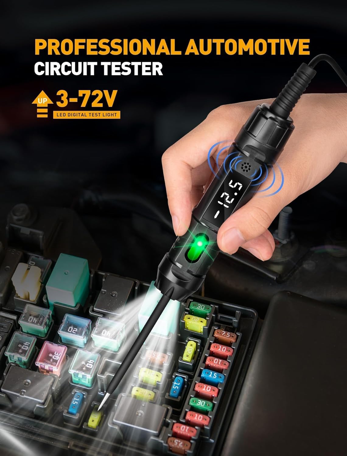 Upgraded Heavy Duty Circuit Tester with Buzzer, 3-72V DC Digital LED Test Light with Voltmeter, Automotive Light Tester with Illumination, Fuse Voltage Tester Auto Electrical Tool