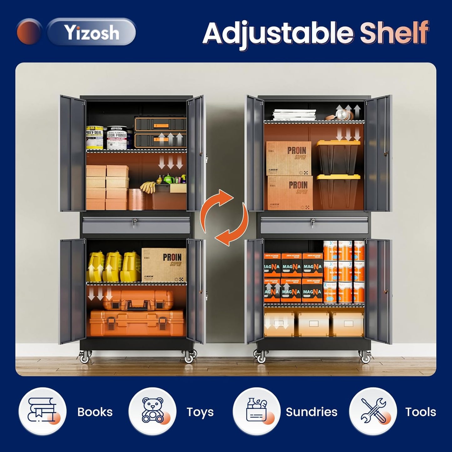 Yizosh Metal Garage Storage Cabinet with Locking Doors and Adjustable Shelves, -73" Steel Rolling Tool Storage Cabinet with 4 Wheels and 1 Drawer for Garage,Office,Warehouse