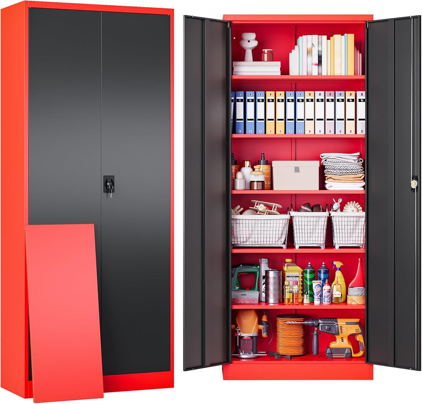 SISESOL Red Metal Storage Cabinet with Locking Doors and Shelves,Garage Storage Cabinet with Lock,Steel Locker,Lockable Cabinets for Home,Office,Shop,Garage Cabinets
