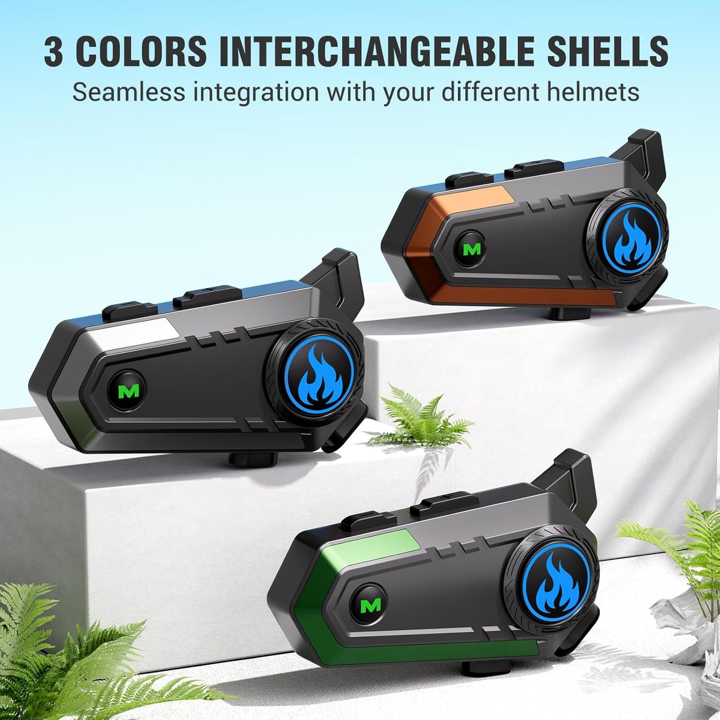 Motorcycle Helmet Bluetooth Headset, Bluetooth Motorcycle Helmet with 2 Type Mics, Intercom/Hands-Free Call/Music/Waterproof/Noise Cancellation/Wake Up Siri, Compatible with All Helmets