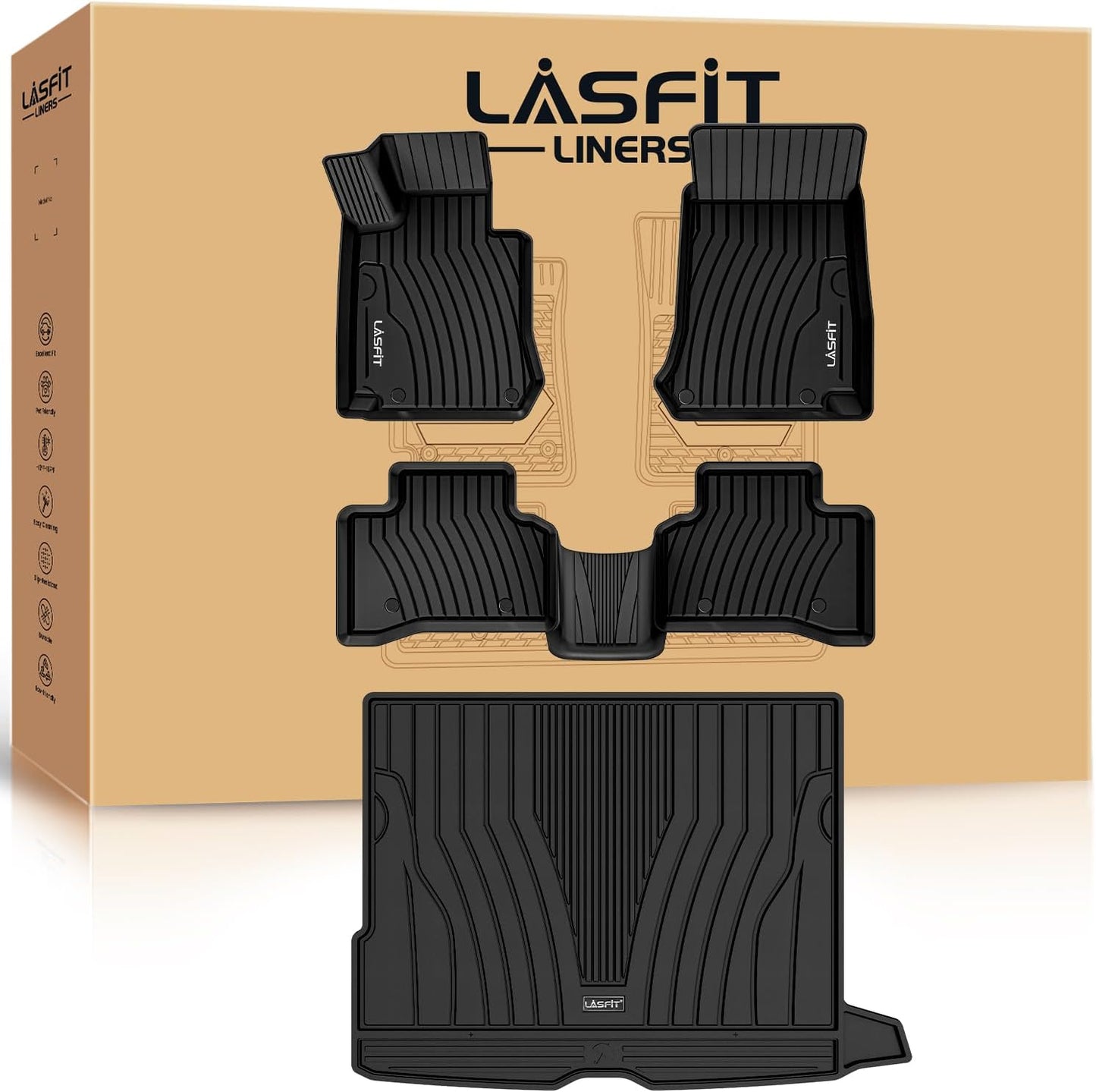 LASFIT Floor Mats & Cargo Mat for Mercedes Benz GLC 2016-2022 GLC300 / GLC350e / GLC43 AMG / GLC63 AMG / GLC63 AMG S (Not Fit Coupe), Fit All Weather TPE Floor Liners, 1st & 2nd Row and Trunk Mat