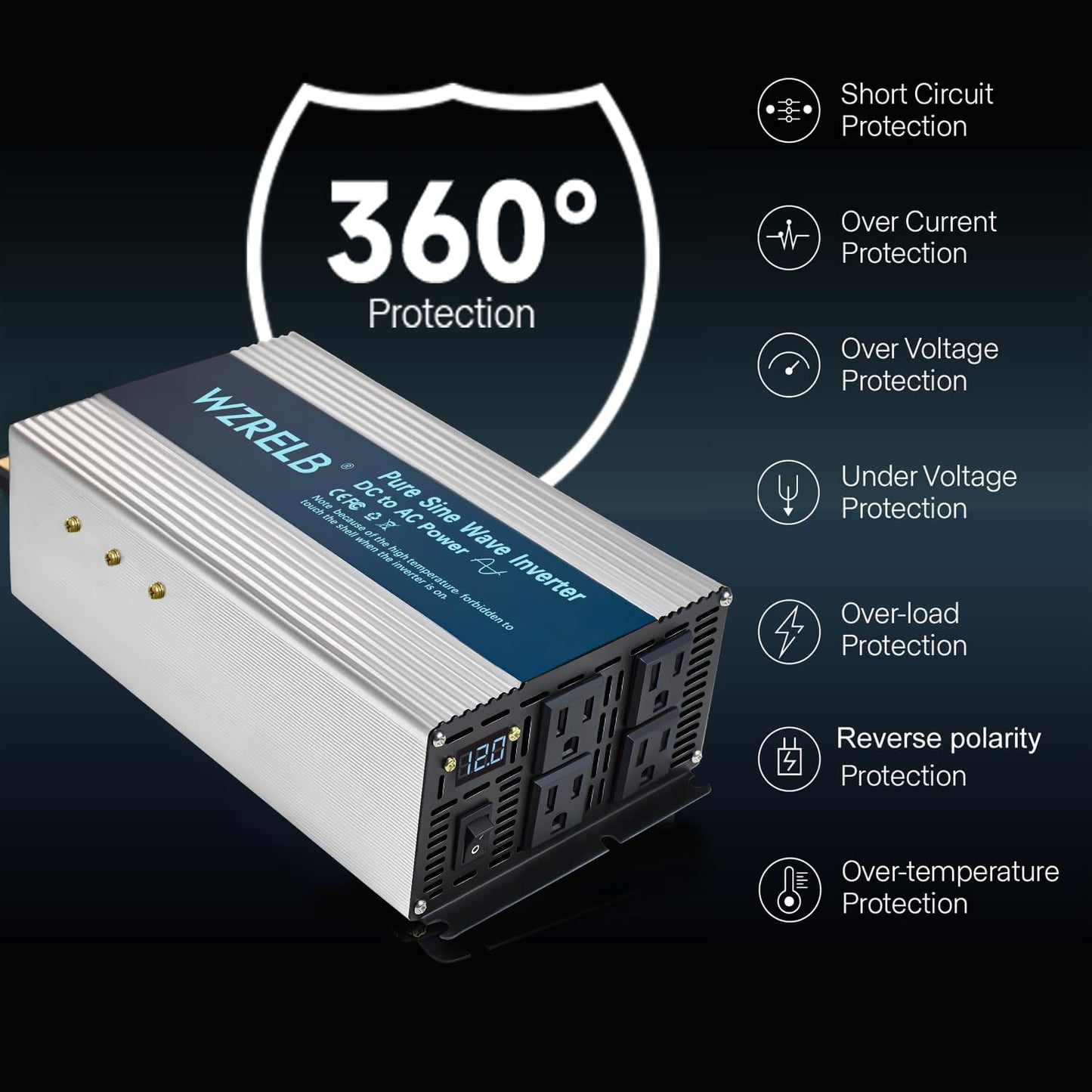 WZRELB 1800W Pure Sine Wave Inverter 12V DC to 110V 120V AC,Car Power Inverter with 4 AC Outlets, LED Display,Off-Grid Portable Power Converter for Home, RV, Truck, Camping