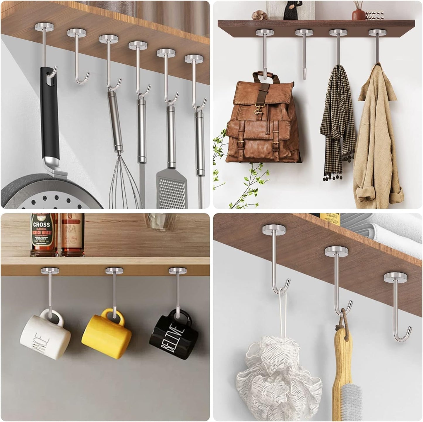 NearMoon Coat Hooks, Wall Hooks for Hanging Hat Hurse Robe, 304 Stainless Steel Heavy Duty Towel Hangers for Bathroom Livingroom Kitchen-Ceiling Hook, 6 Pack (4 Inch, Brushed Nickel)