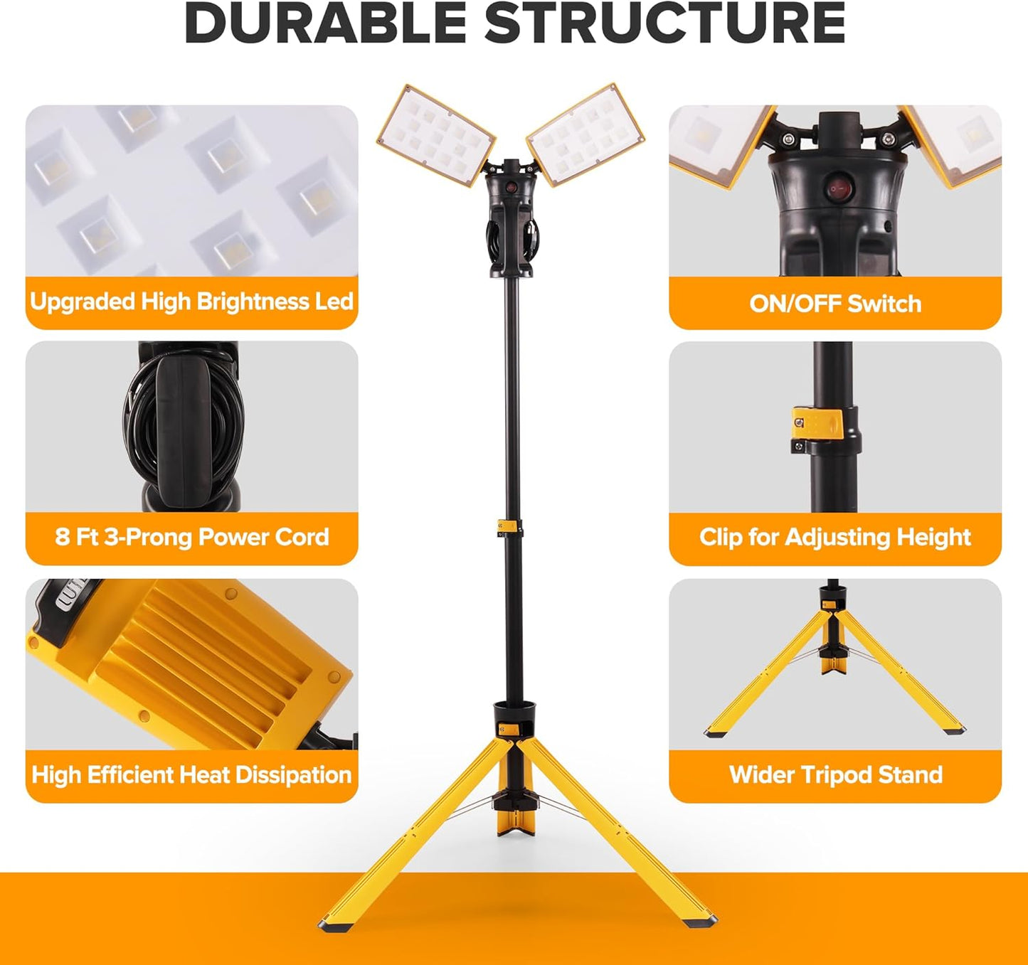 LUTEC 【Upgraded】 6290Pro 15000 Lumen 105 Watt Dual-Head LED Work Light with Telescoping Tripod, Work Light with Stand Rotating Waterproof Lamps and 8 Ft 3-Prong Power Cord
