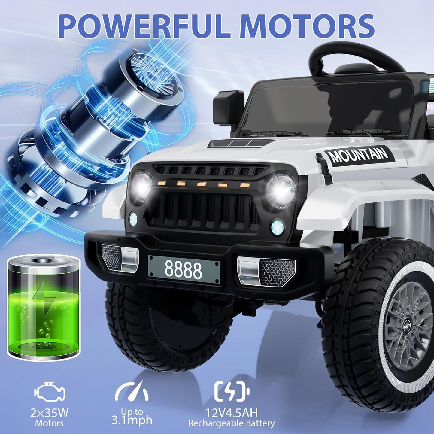 12V Kids Ride on Truck Car, w/Parent Remote Control, Twin 35w Motors, 3 Speeds, LED Lights, Music & Horn, Spring Suspension, Kids Electric Vehicles Toy for 3-5 Years Old Boys Girls Gift, White