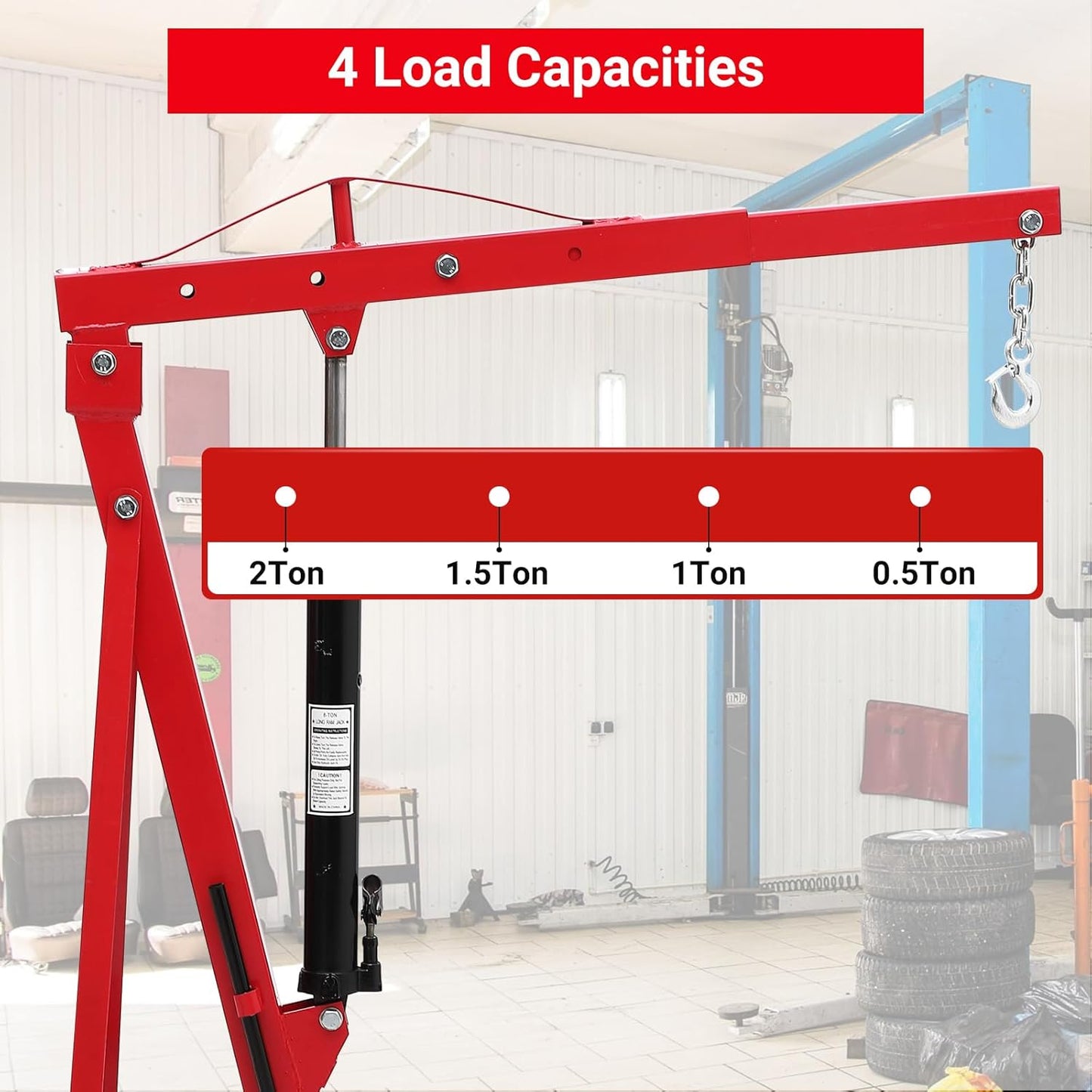 2 Ton Engine Hoist, Folding Cherry Picker Engine Hoist with Lever and 6 Casters, 4400lbs Heavy Duty Hydraulic Shop Crane, Engine Crane Lifter for Workshops Garage Warehouse