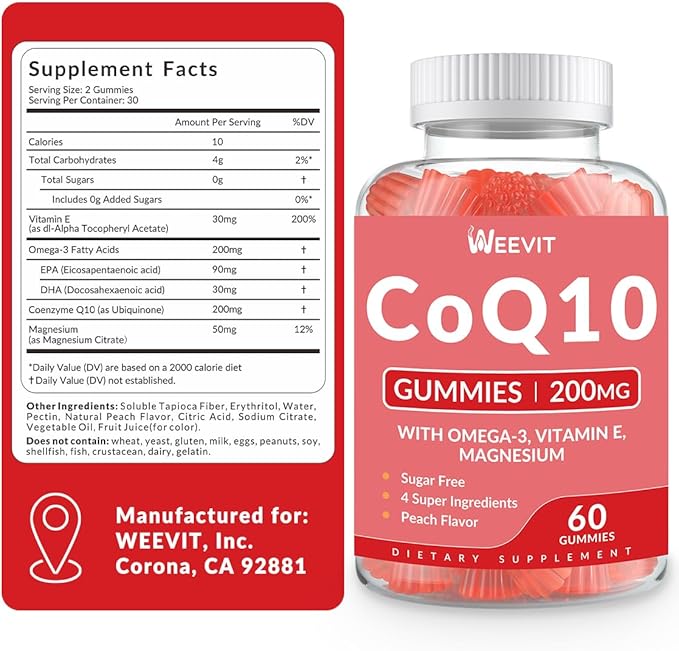 Sugar Free CoQ10 Gummies 200 MG, Coenzyme Q10 (Ubiquinone) Gummies for Adults, Co Q10 Supplement with Omega-3, Magnesium, Energy, Brain Support