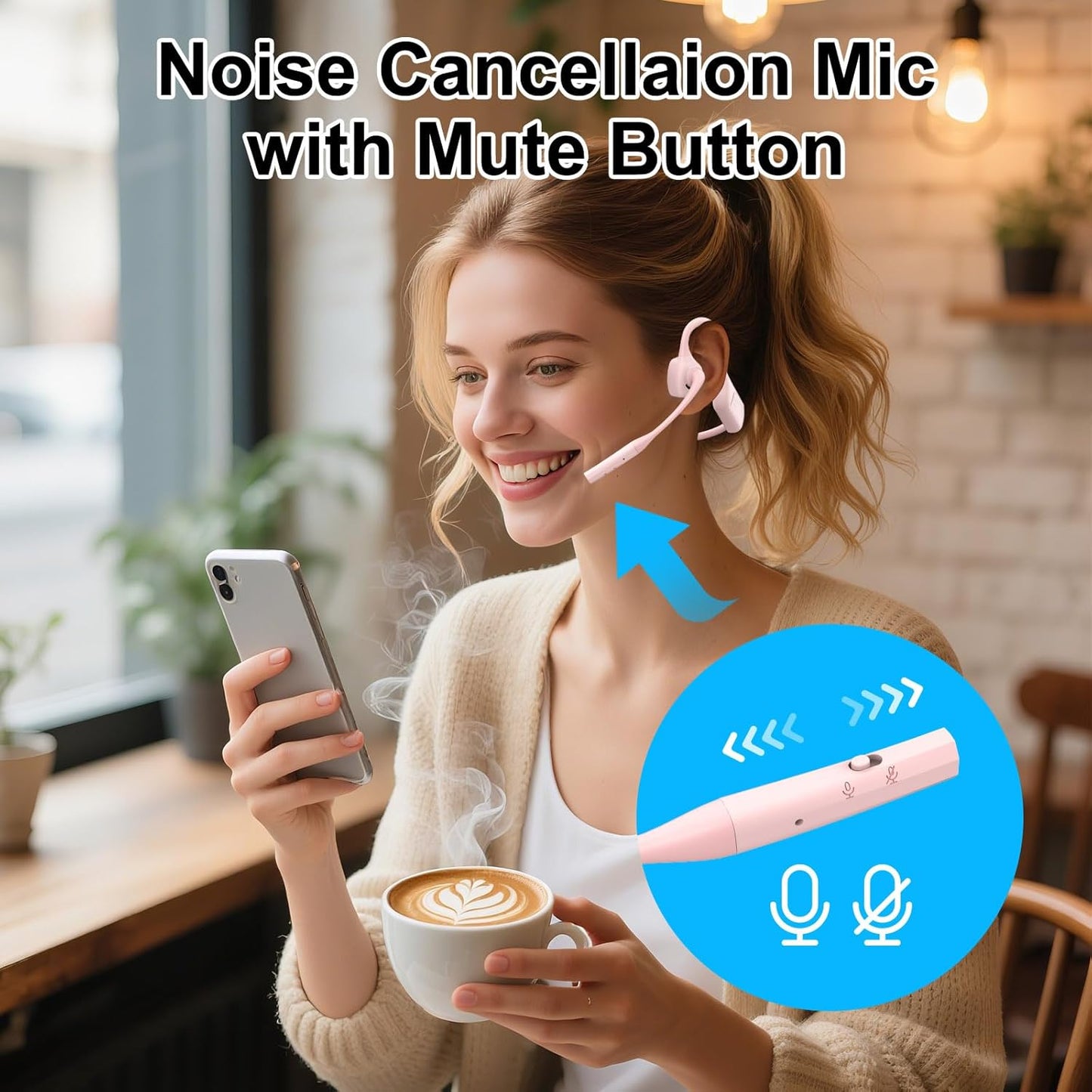 Open Ear Bluetooth Headphones with Microphone, Noise Cancelling Wireless Headset with Mute Button, Supports aptX/aptX-LL/aptX-HD, Designed for Meeting, Home Office,Driving -Not Bone Conduction(Pink)