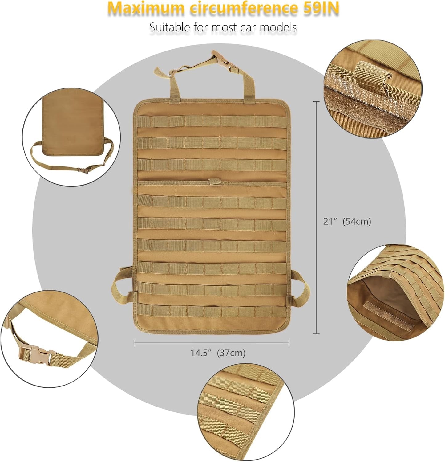 Universal Tactical Seat Back Organizer Vehicle Molle Panel Organizer Storage Bag with 5 Detachable Molle Pouch for All Vehicel Such as Jeep,Truck,SUV, Car, Ford,Chevy etc