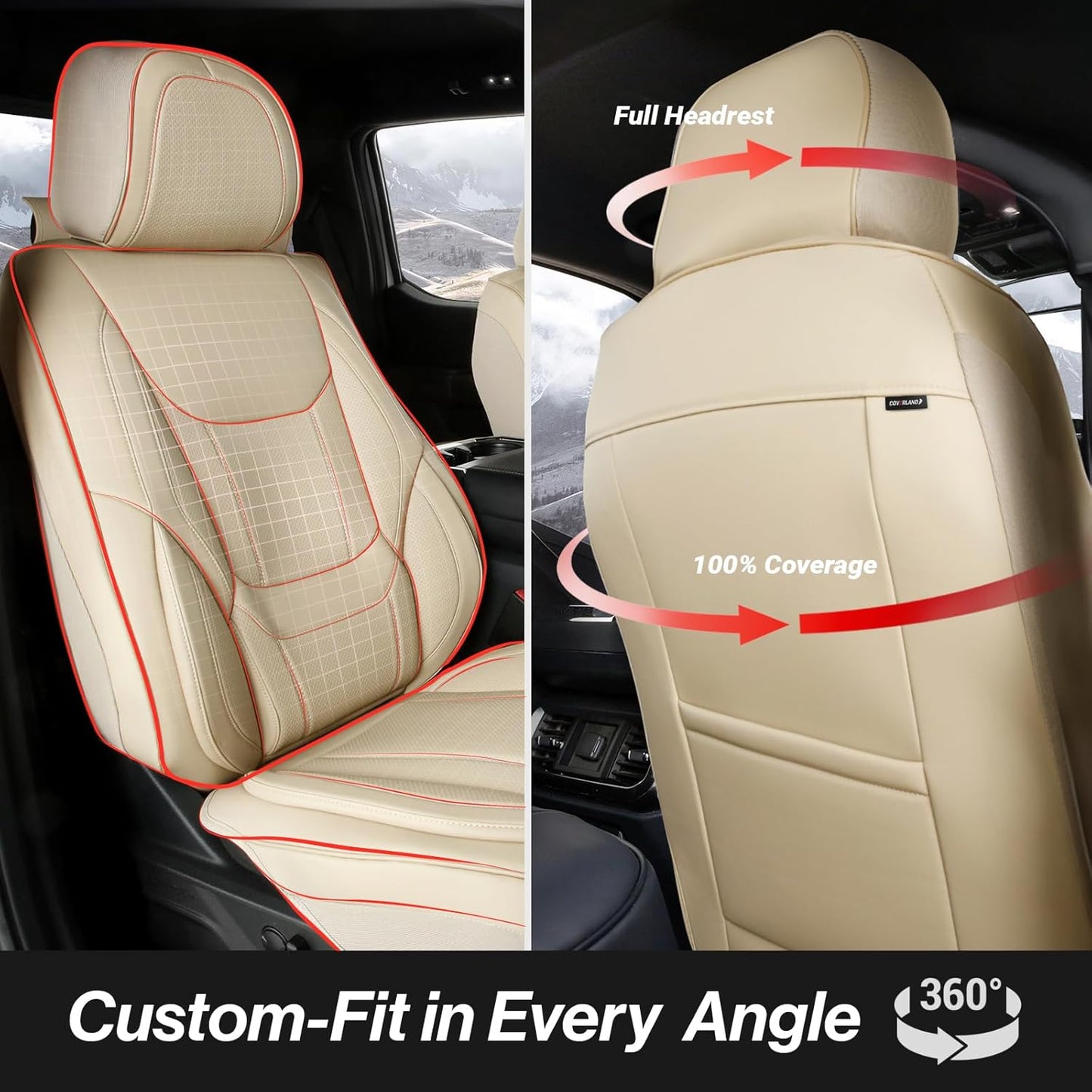 Coverland Custom Car Seat Covers Compatible with Silverado 2500HD, Maverick, Frontier - Premium Leather Non-Slip Memory Foam Waterproof Protector Front Seat-Beige [See Size Chart-Size A40]