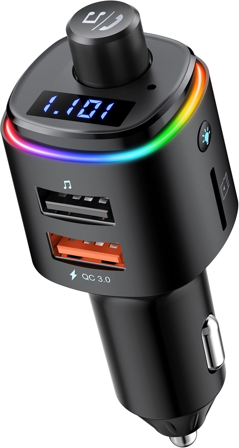 Nulaxy Bluetooth FM Transmitter, QC3.0 Fast Charge Bluetooth Car Adapter, Wireless Radio Car Kit with 7 Color LED Backlit, USB Flash Drive, microSD Card, Glossy Black